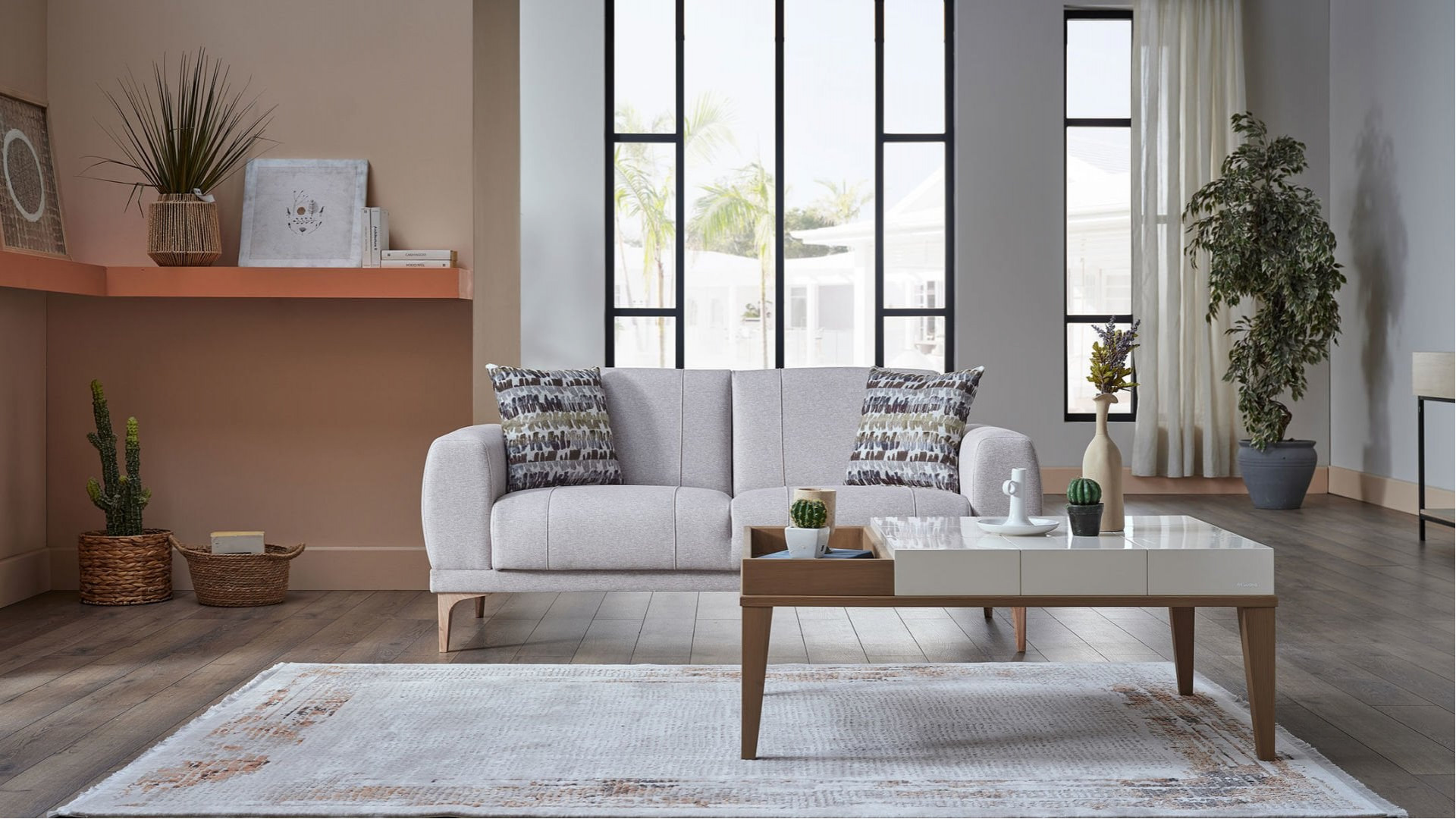 Porto 3er-Sofa - Creme - Eiche-Füße