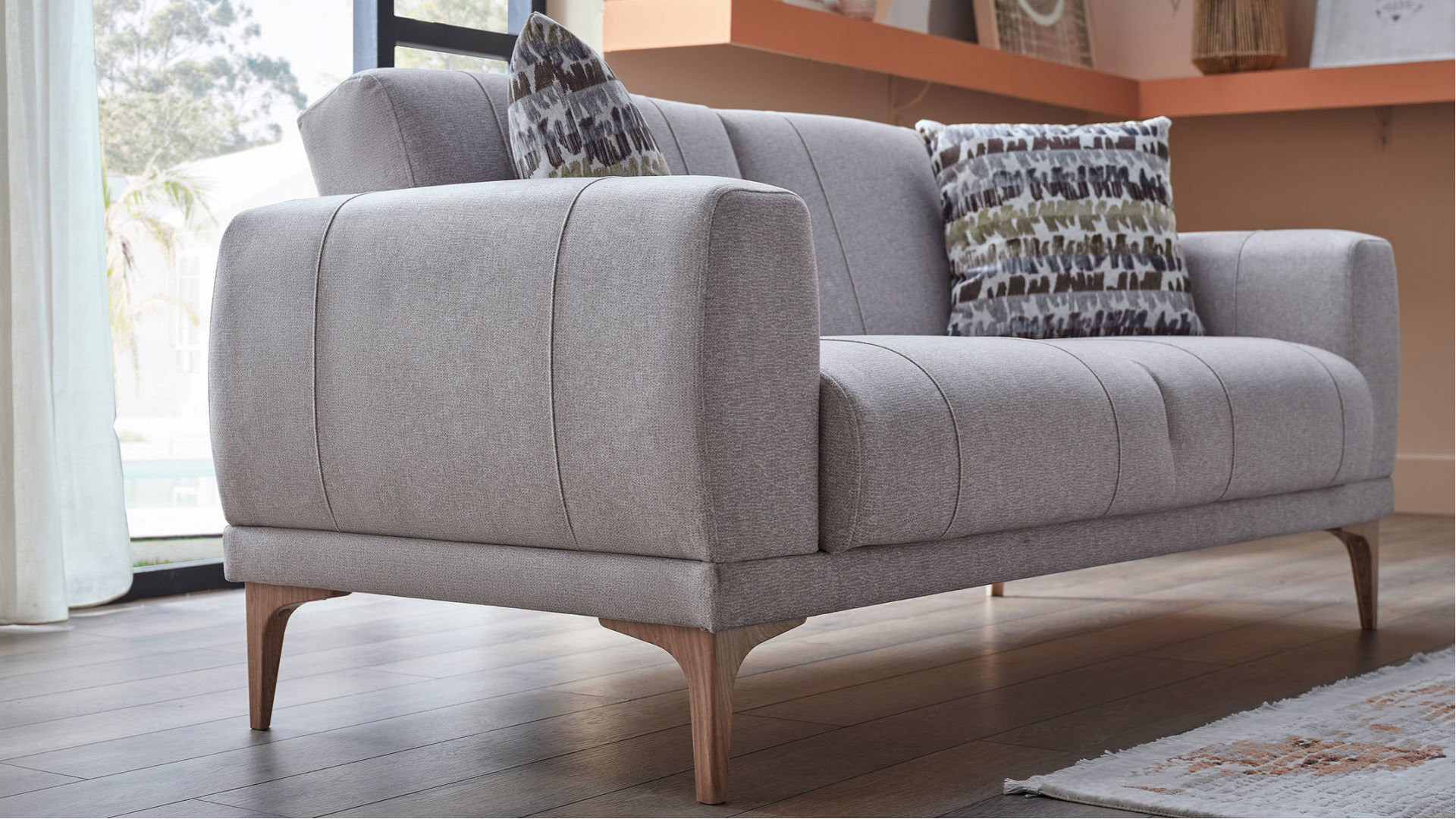 Porto 2er-Sofa - Creme - Eiche-Füße