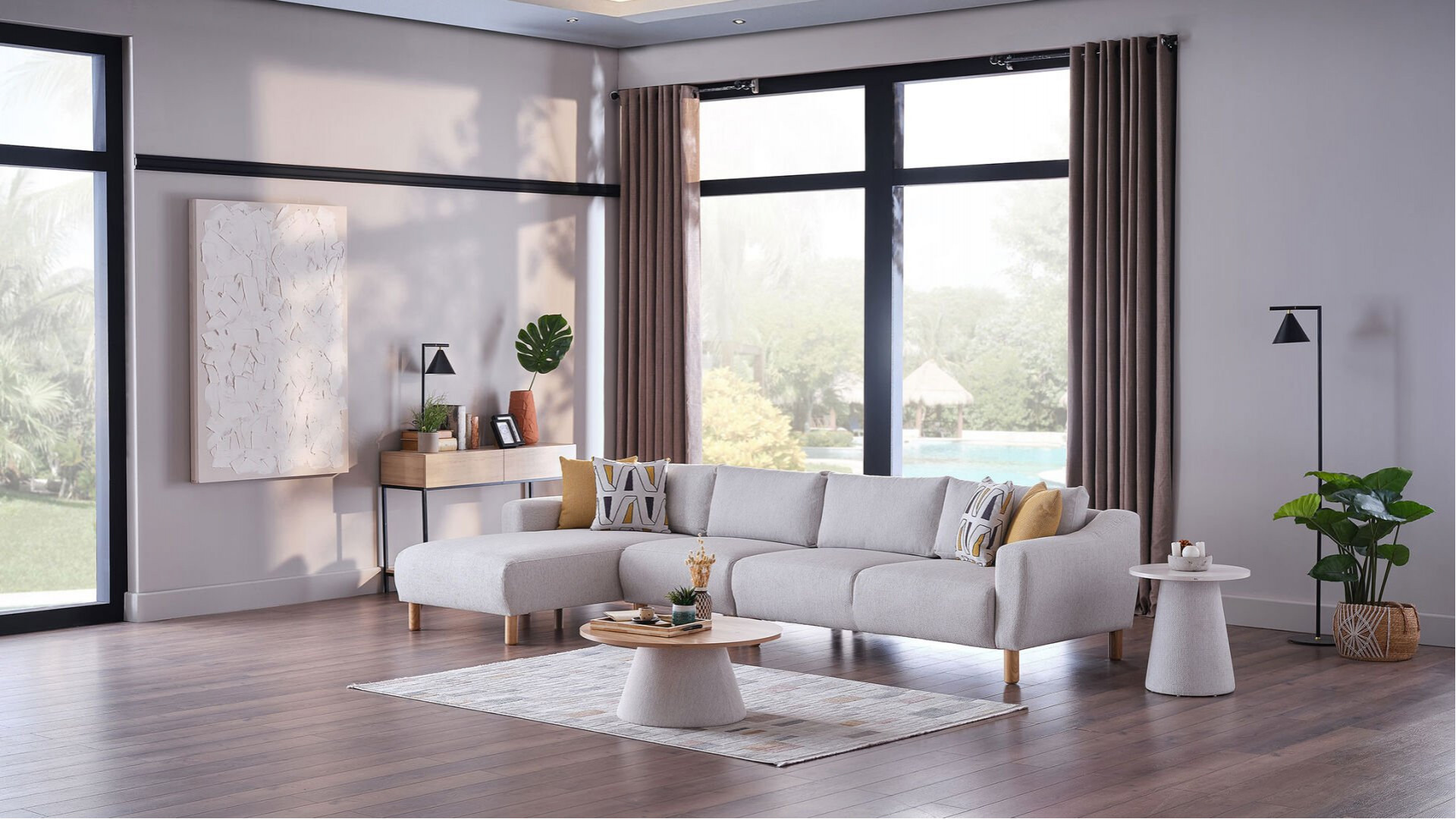 Sanvela Wohnlandschaft Modular - Creme - Eiche-Füße
