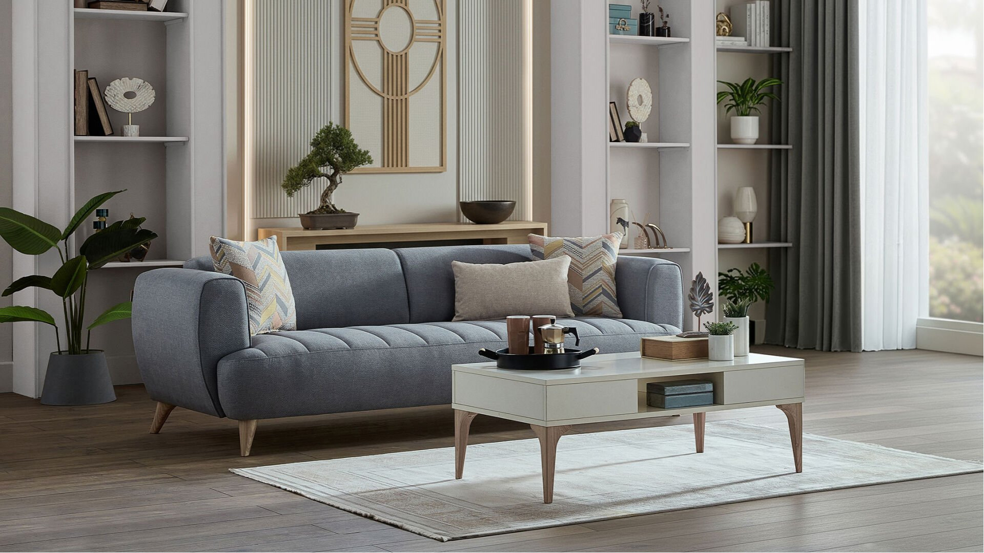 Mona 3er-Sofa - Blau - Eiche-Füße