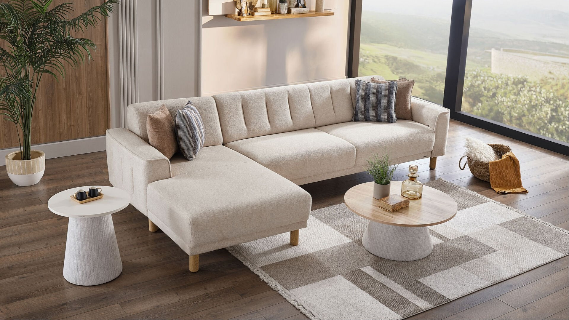 Atlanta Wohnlandschaft Modular - Creme - Eiche-Füße
