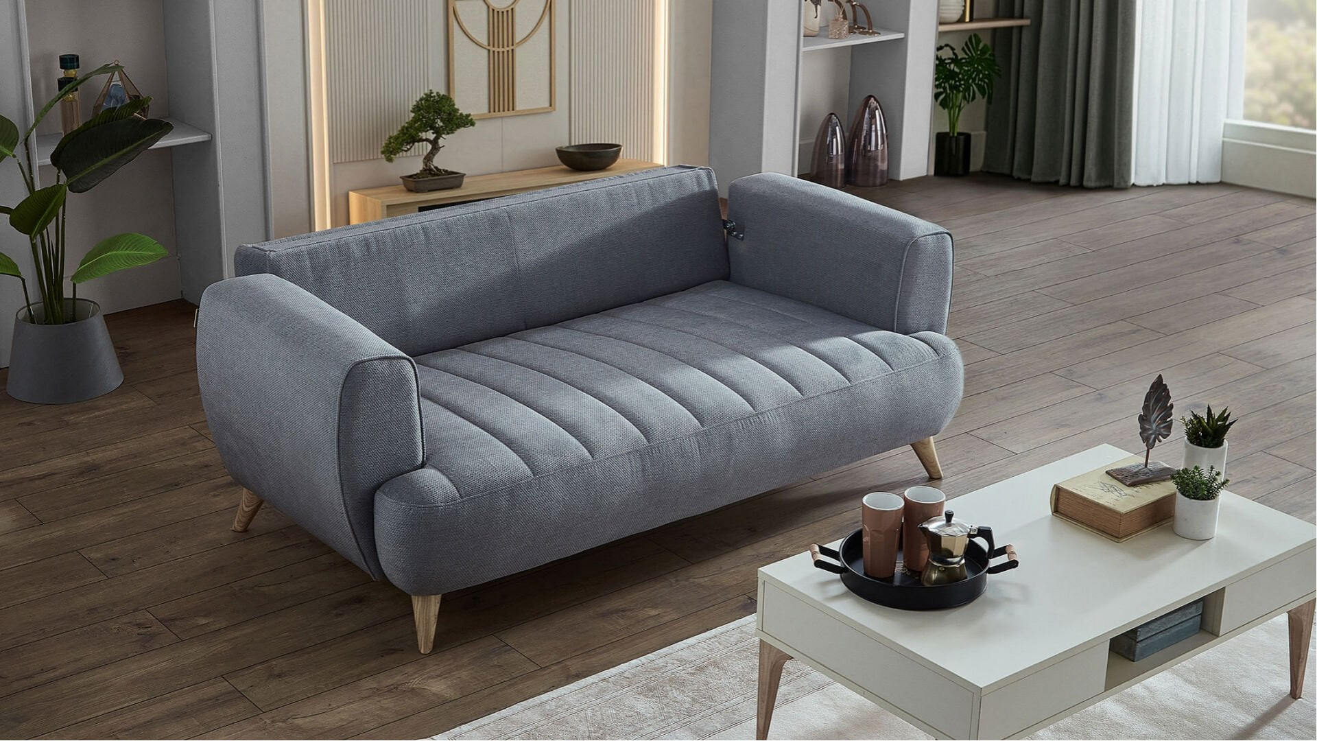 Mona 2er-Sofa - Blau - Eiche-Füße