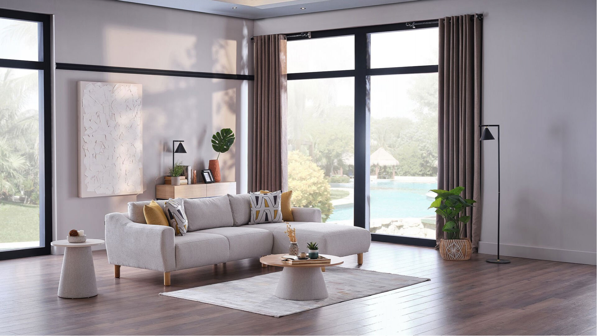 Sanvela Wohnlandschaft Modular - Creme - Eiche-Füße
