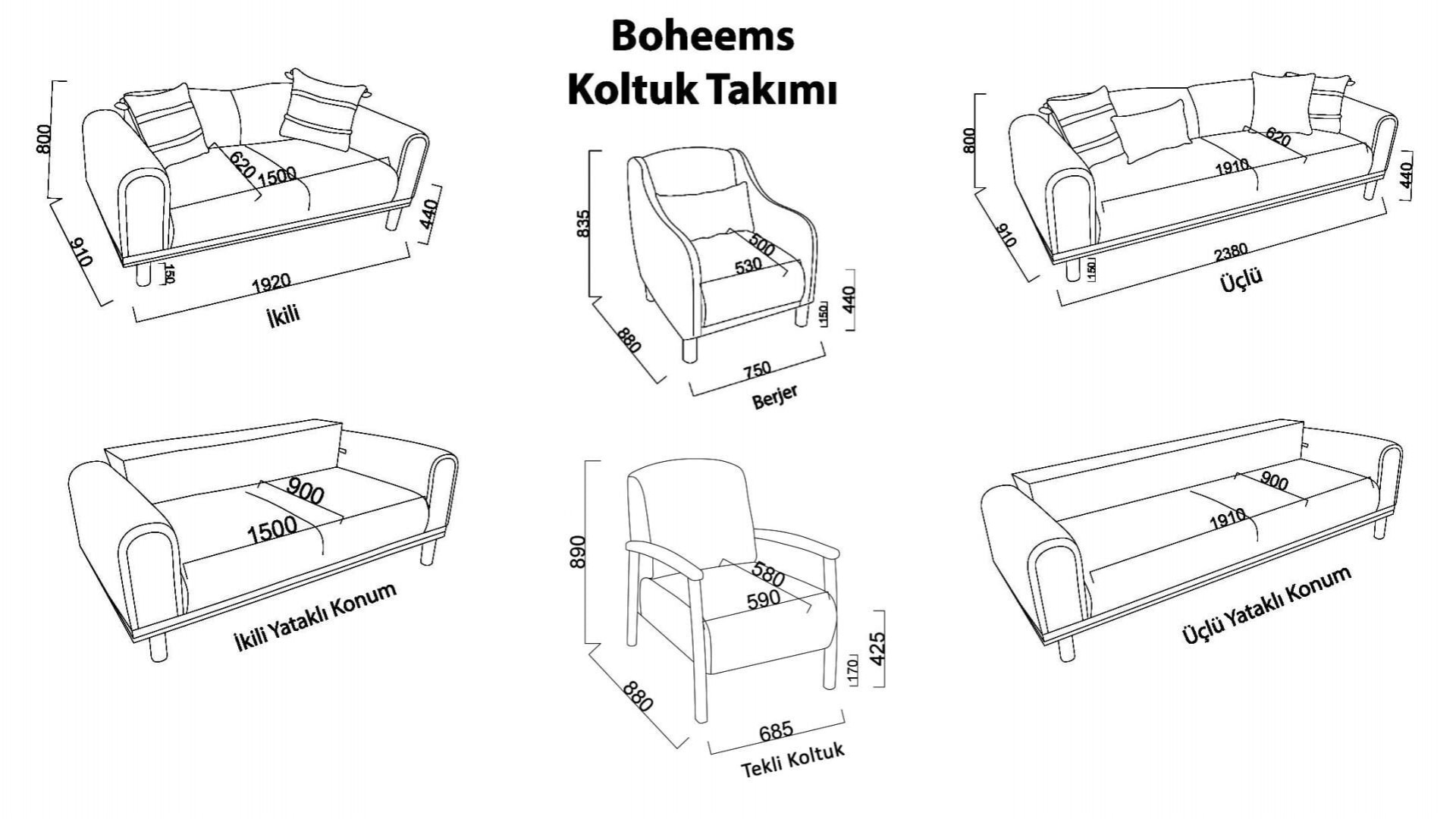 Boheems 2er-Sofa - Creme