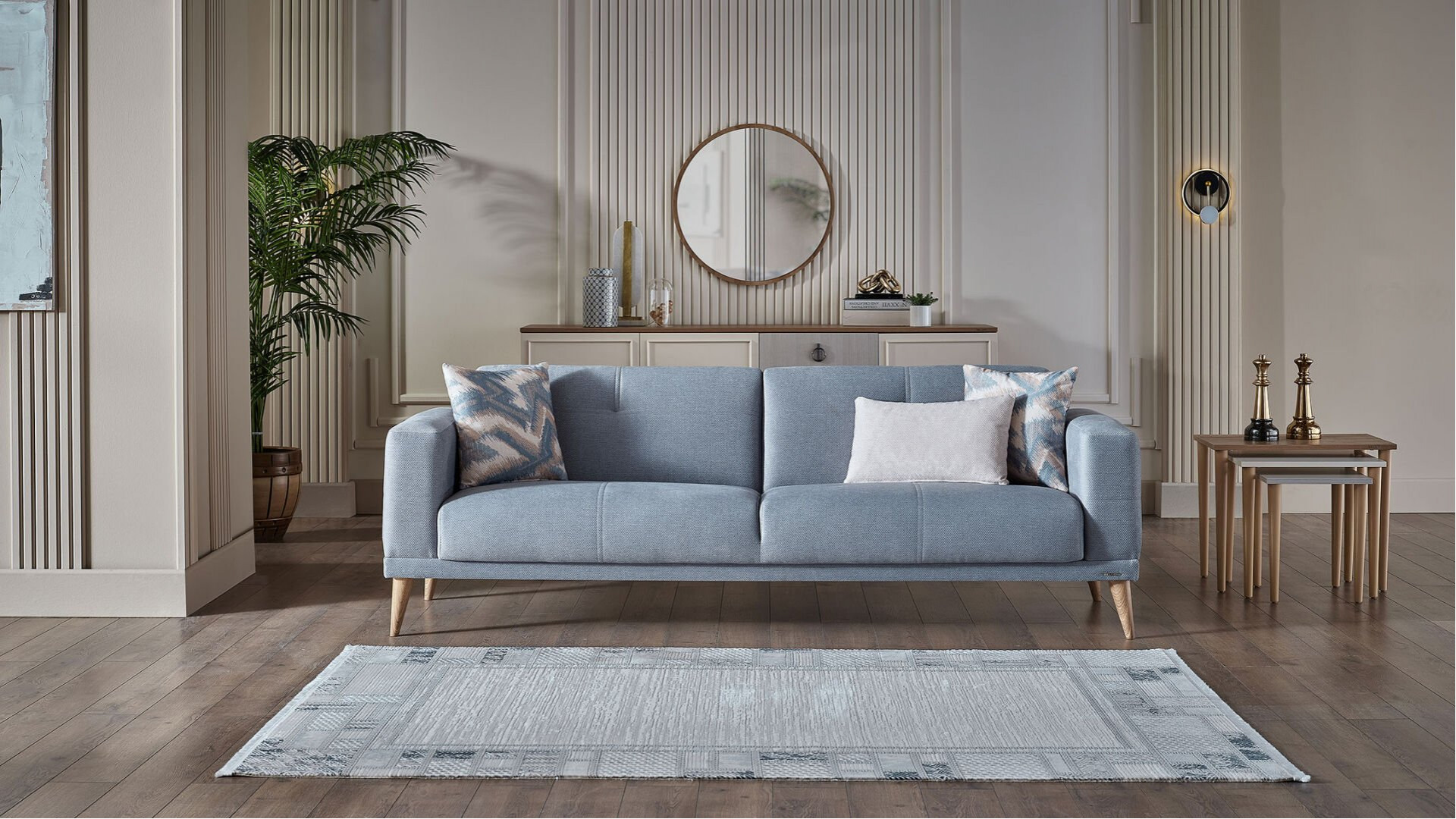 Caldera 3er-Sofa - Blau - Eiche-Füße