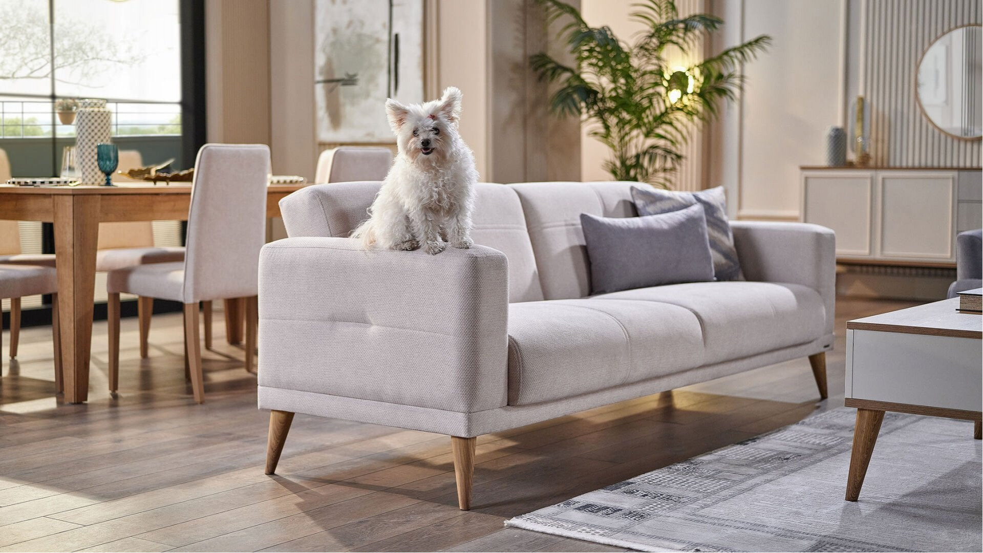 Caldera 3er-Sofa - Creme - Eiche-Füße