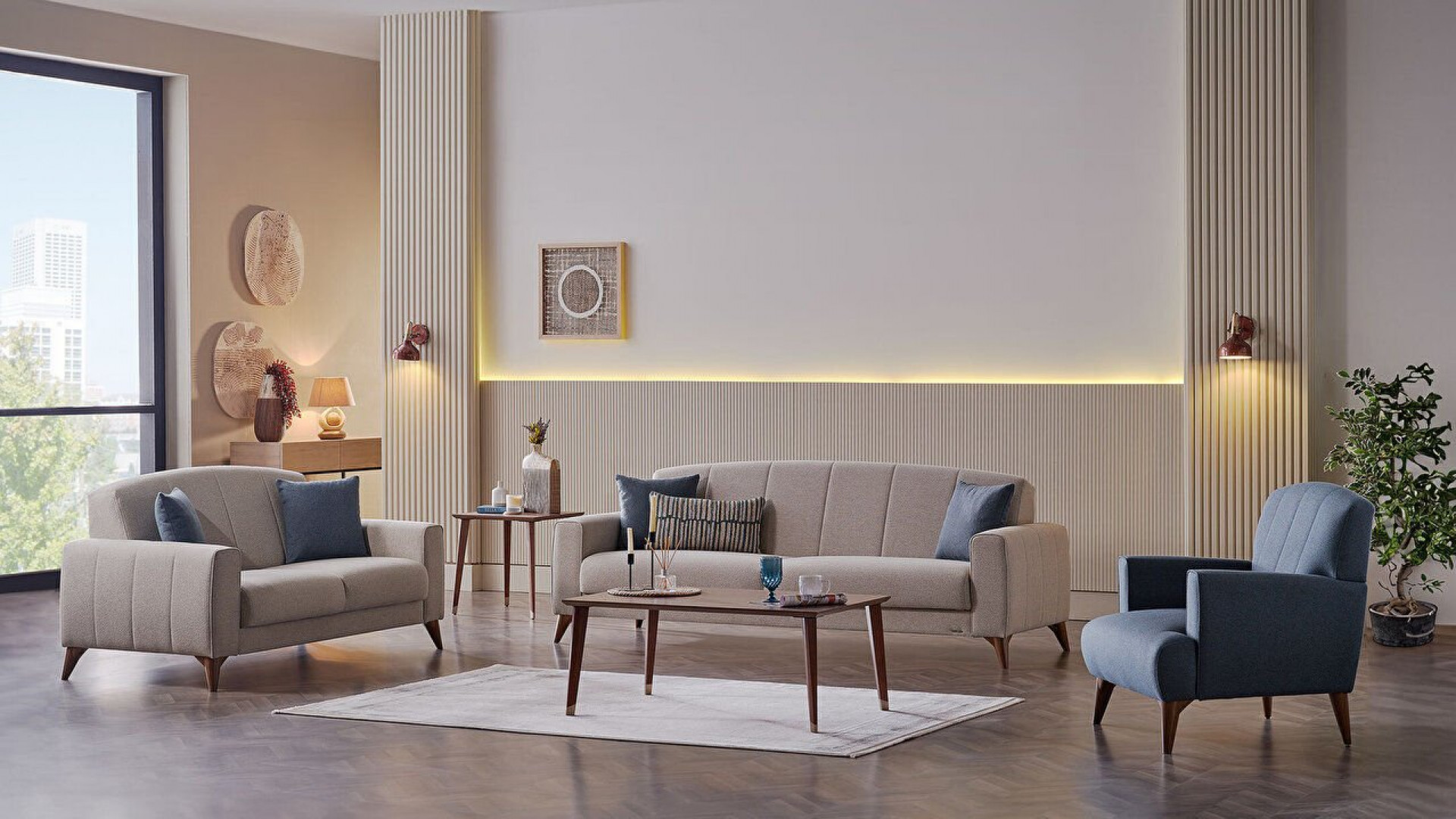 Nilya 2er-Sofa Creme - Blau