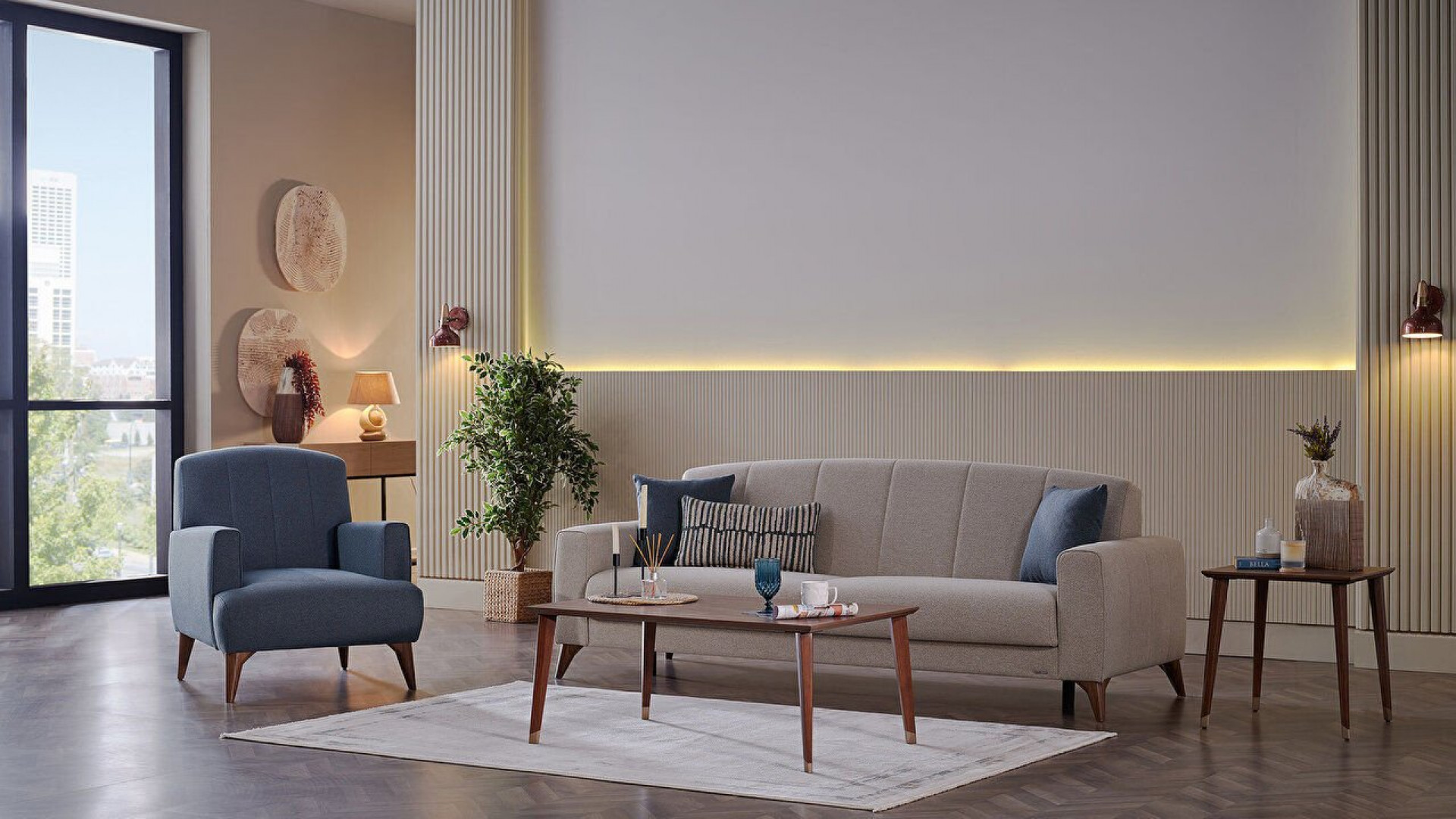 Nilya 3er-Sofa Creme - Blau