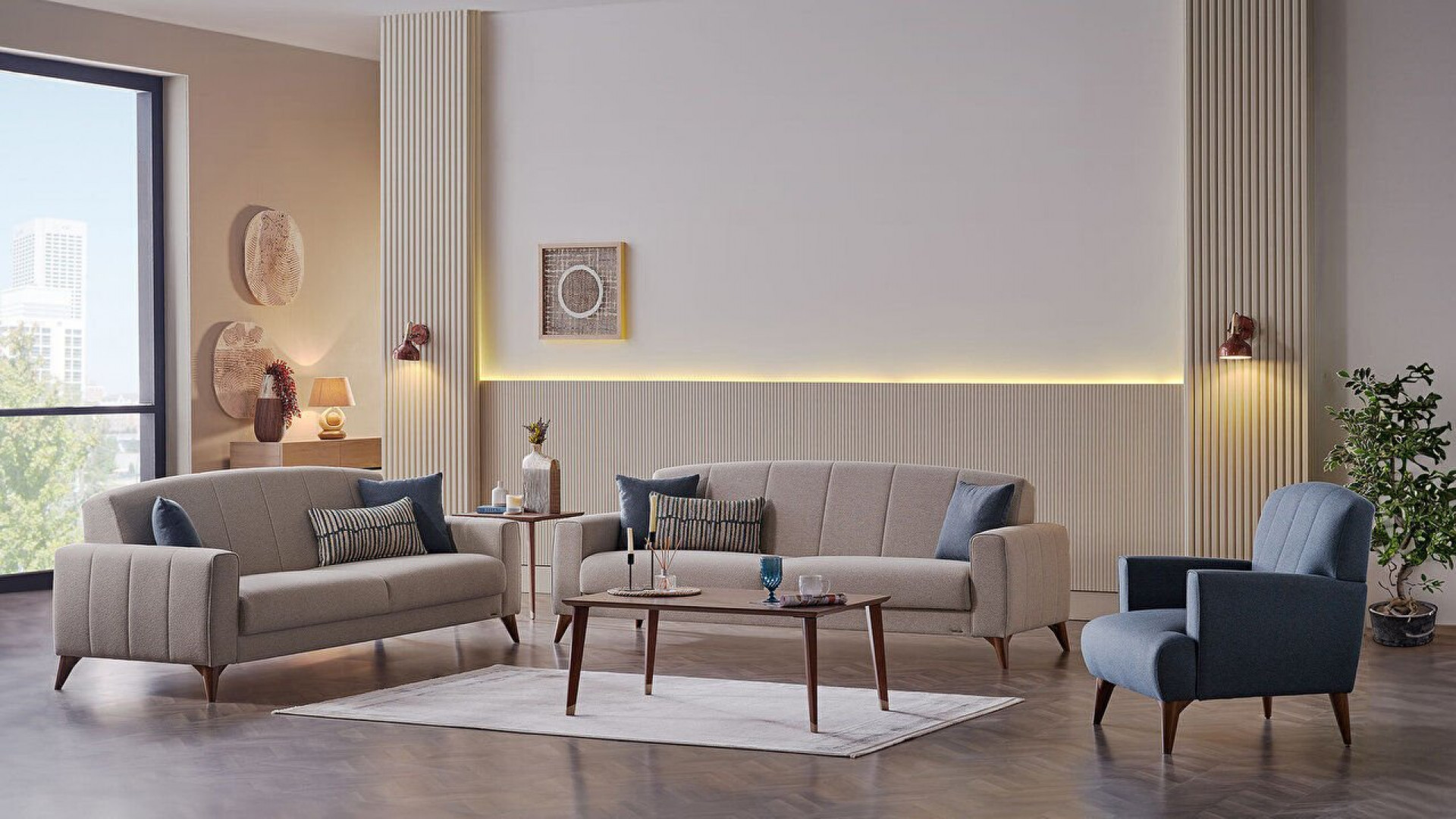 Nilya 3er-Sofa Creme - Blau