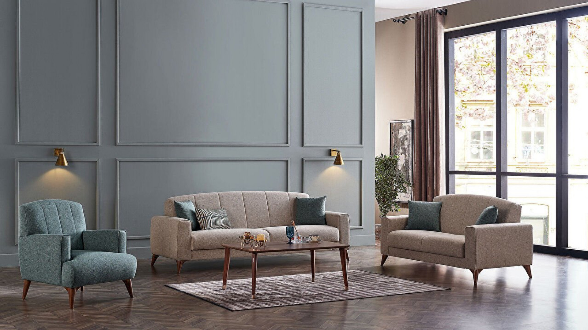 Nilya 3er-Sofa Creme - Grün