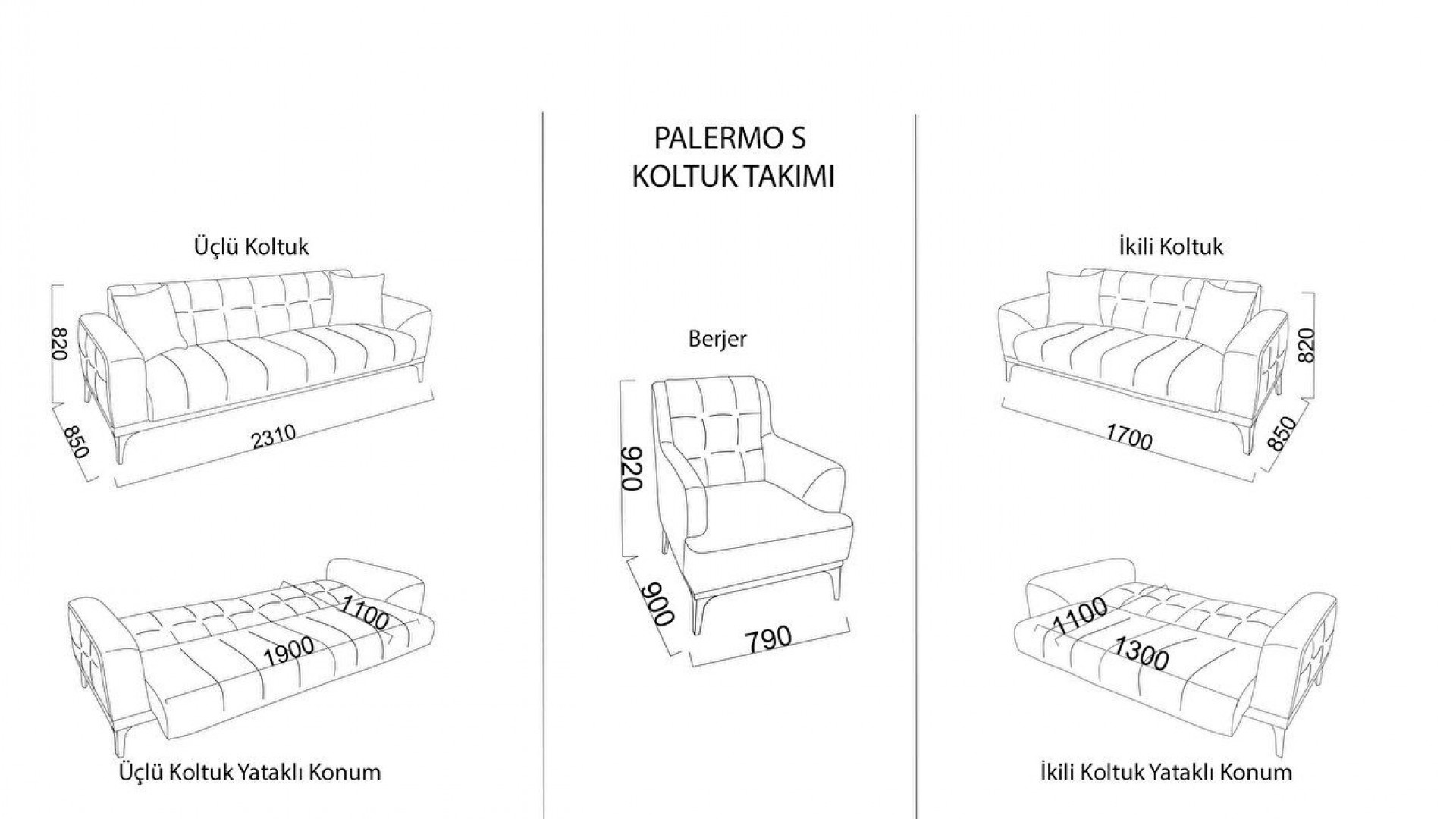 Palermo 2er-Sofa - Schwarze Füße