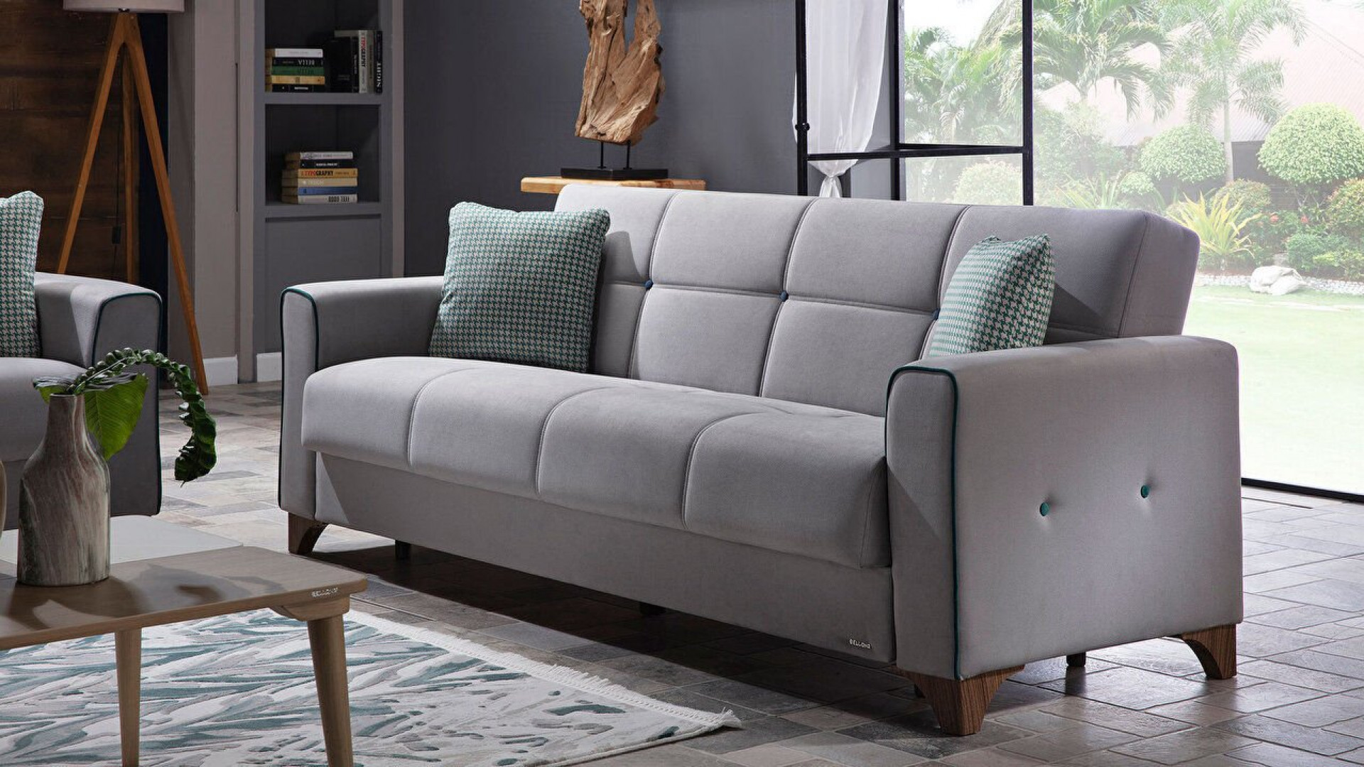 Tina 3er-Sofa - Dunkelblauer Saum