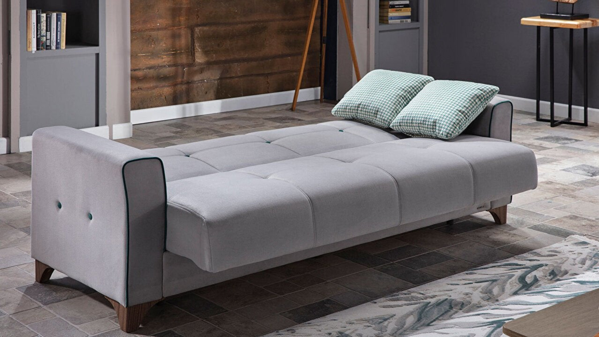 Tina 3er-Sofa - Dunkelblauer Saum