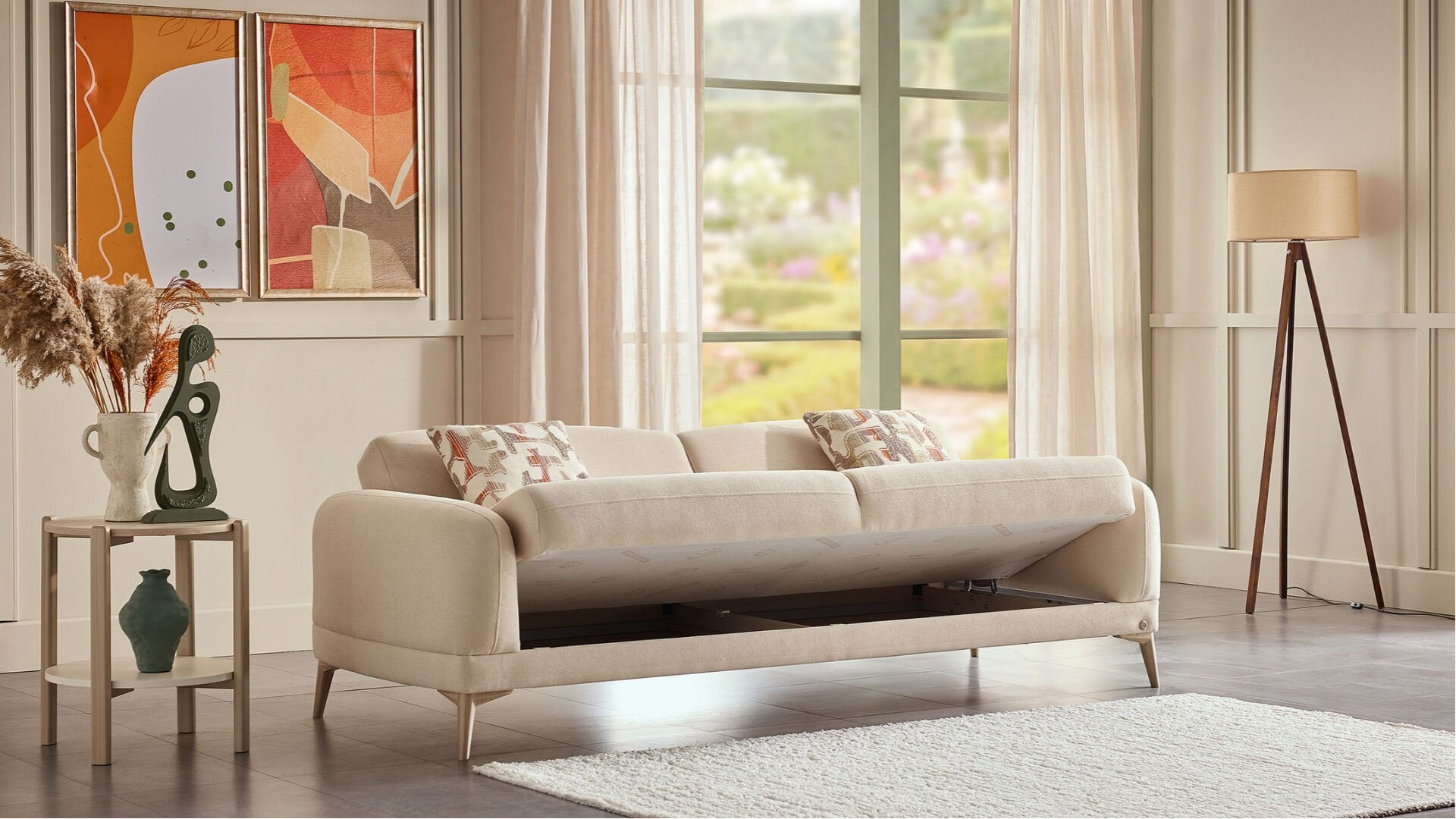 Livora 3er-Sofa - Beige - Eiche-Füße