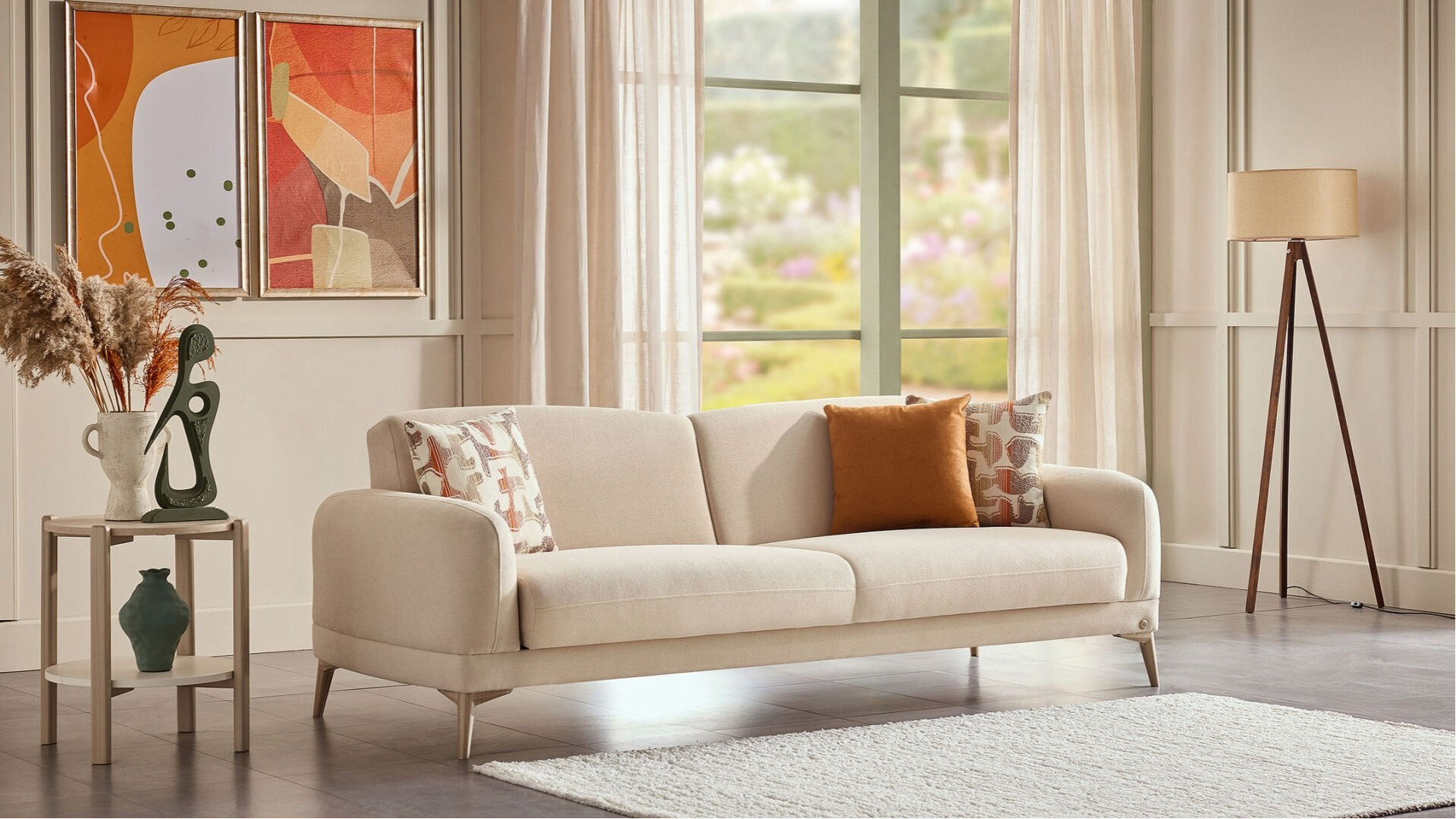 Livora 3er-Sofa - Beige - Eiche-Füße