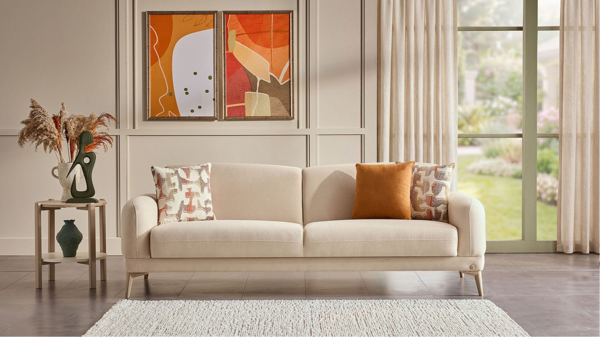 Livora 3er-Sofa - Beige - Eiche-Füße