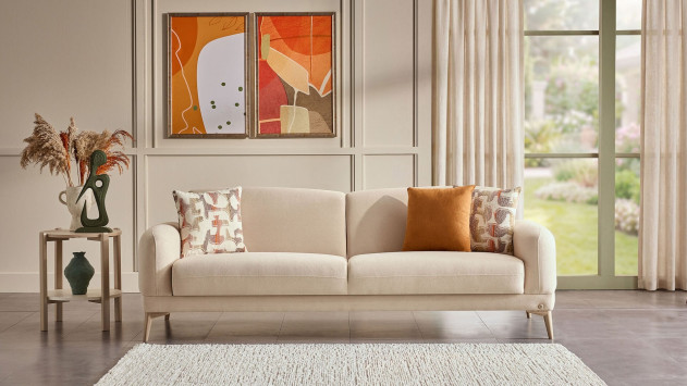 Livora 3er-Sofa - Beige - Eiche-Füße