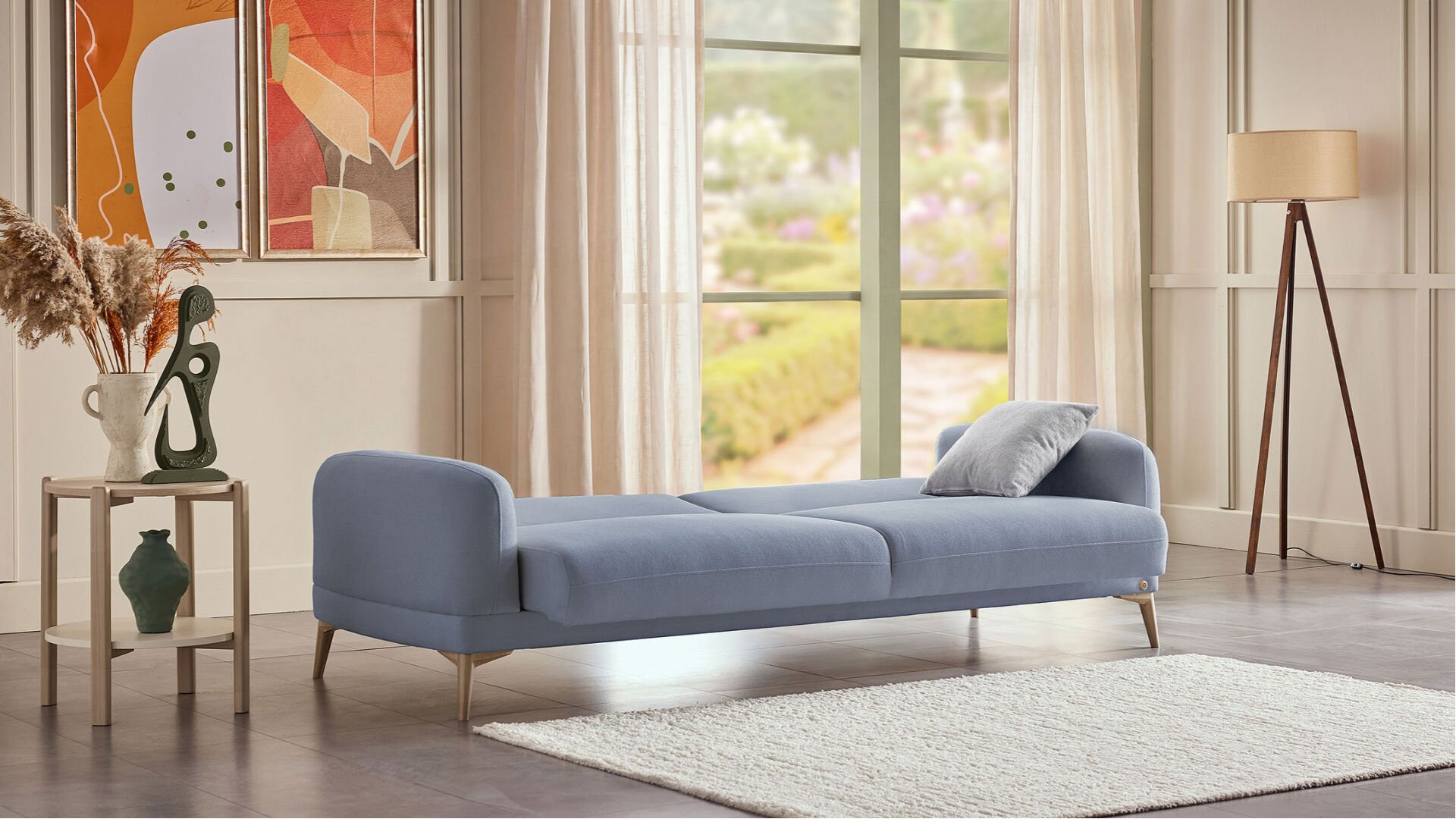 Livora 3er-Sofa - Blau - Eiche-Füße