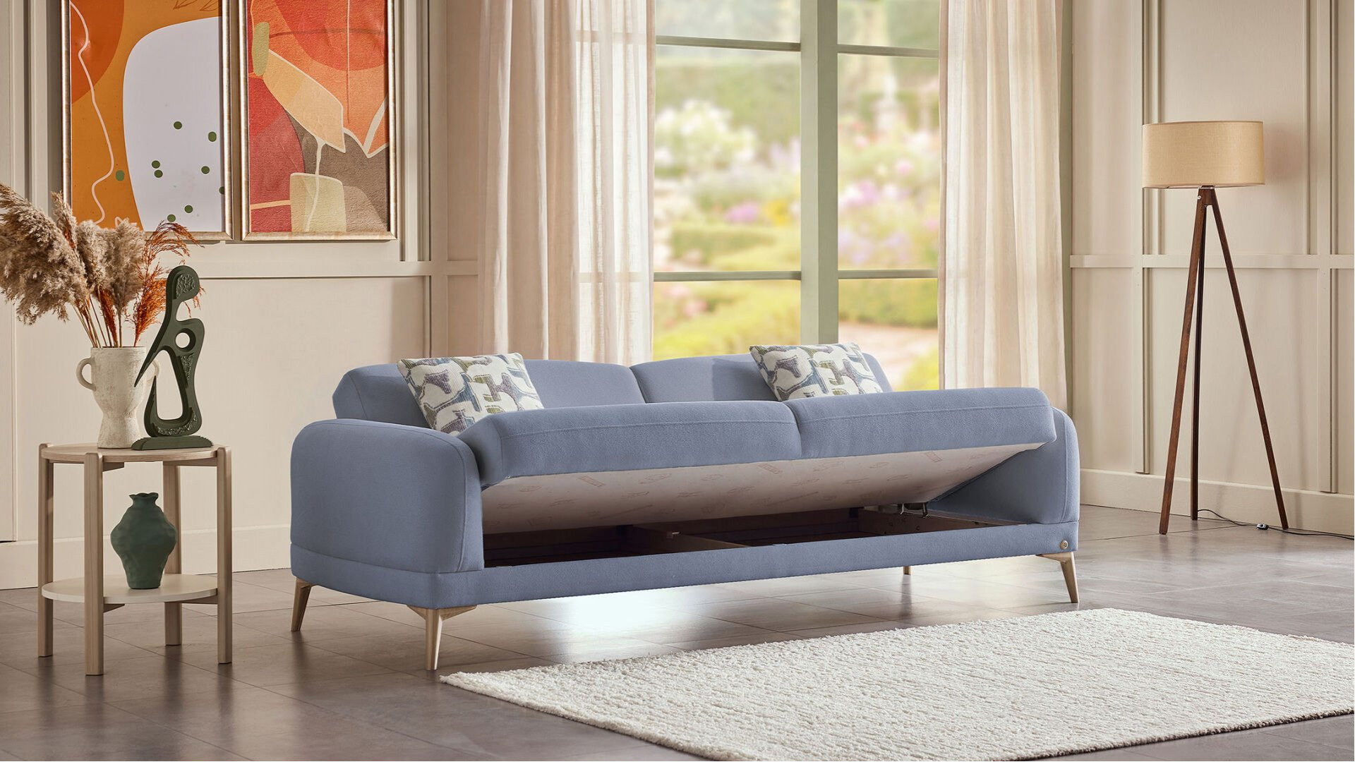 Livora 3er-Sofa - Blau - Eiche-Füße