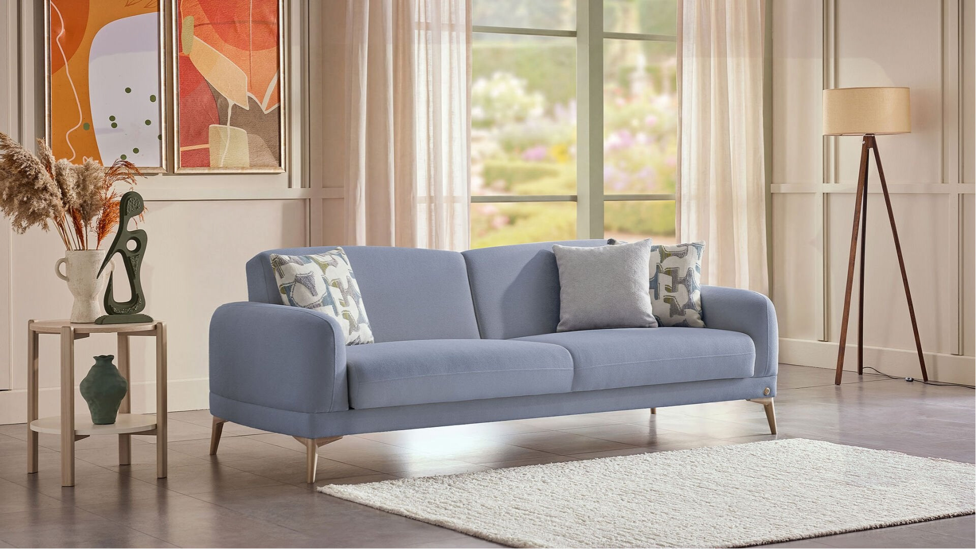 Livora 3er-Sofa - Blau - Eiche-Füße