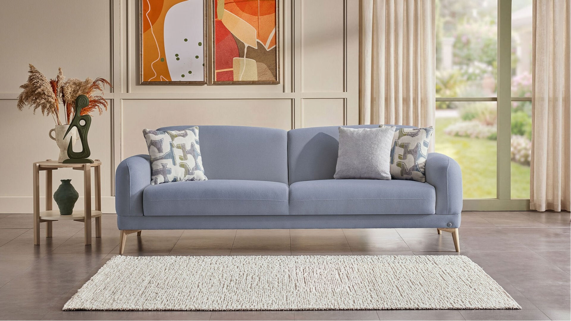 Livora 3er-Sofa - Blau - Eiche-Füße