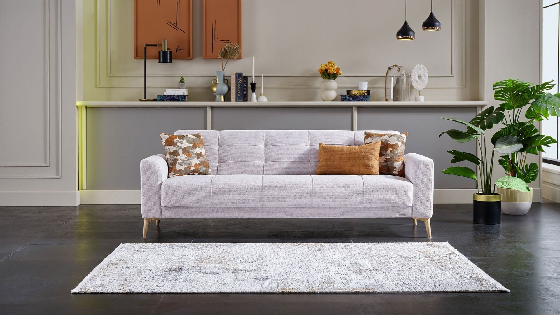 Luis 3er-Sofa - Taş Grau - Eiche-Füße