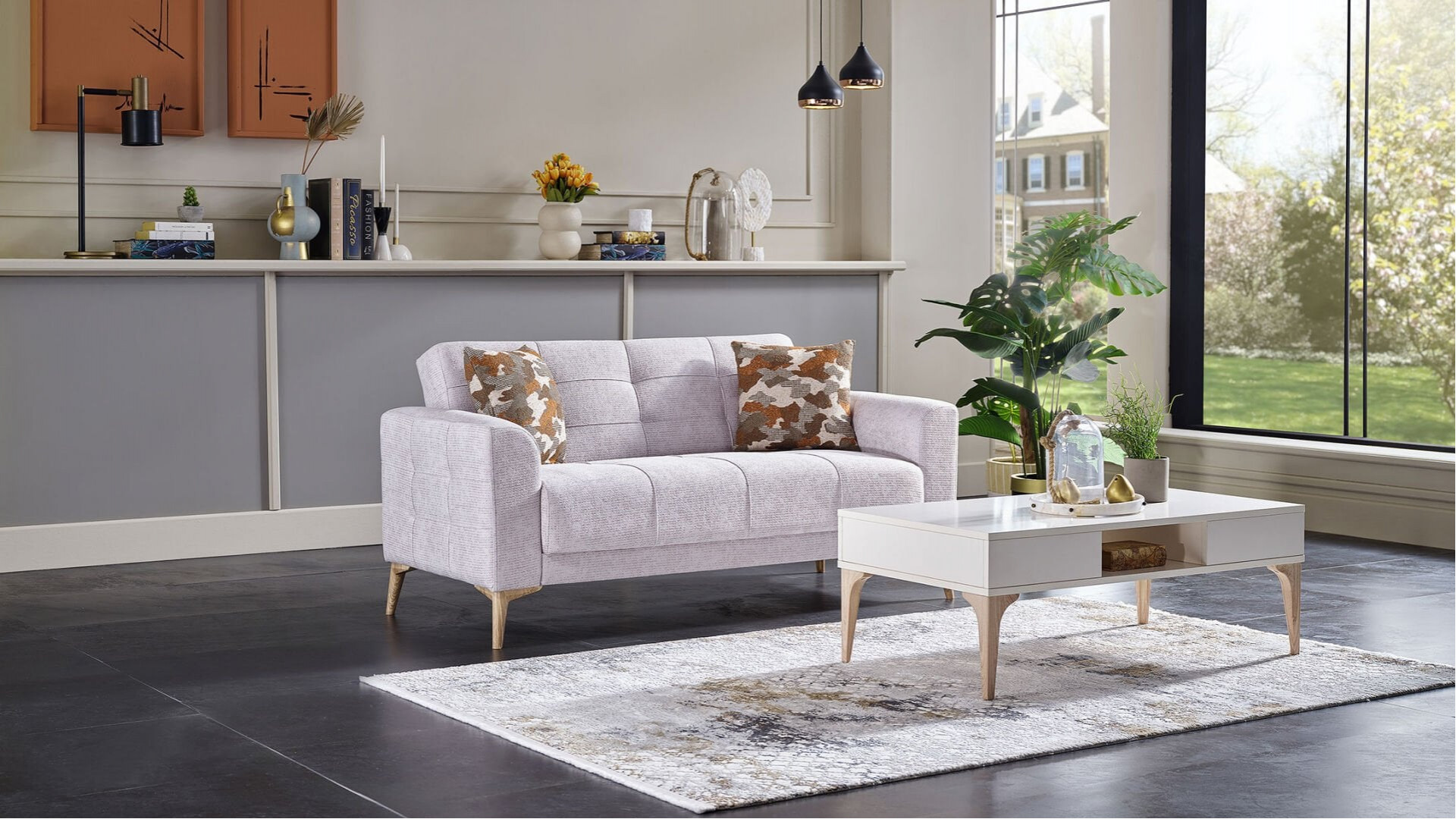 Luis 2er-Sofa - Taş Grau - Eiche-Füße