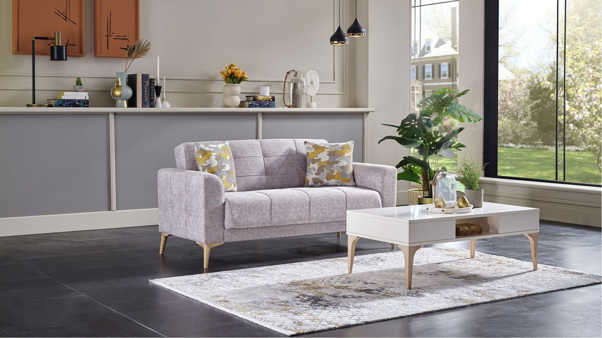 Luis 2er-Sofa - Grau - Eiche-Füße
