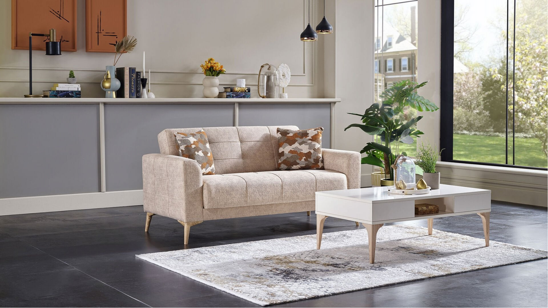Luis 2er-Sofa - Taupe - Eiche-Füße