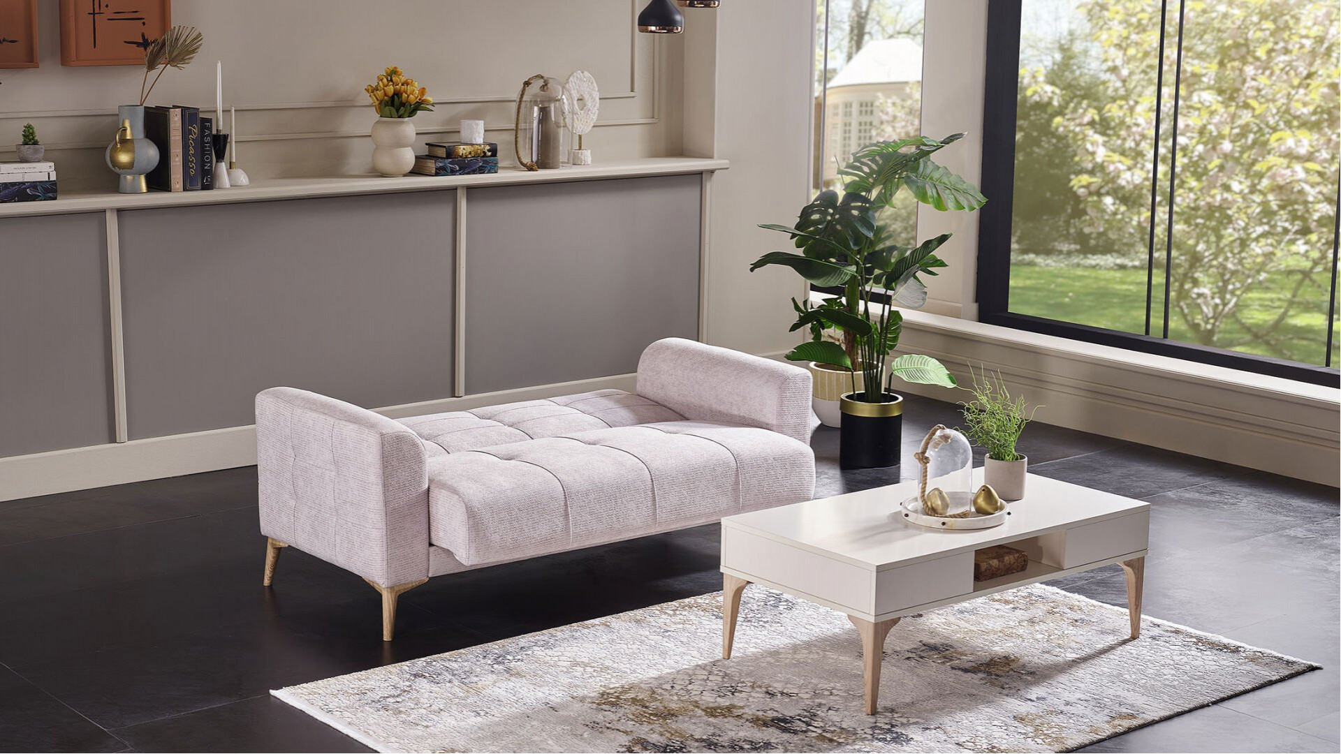 Luis 2er-Sofa - Taş Grau - Eiche-Füße
