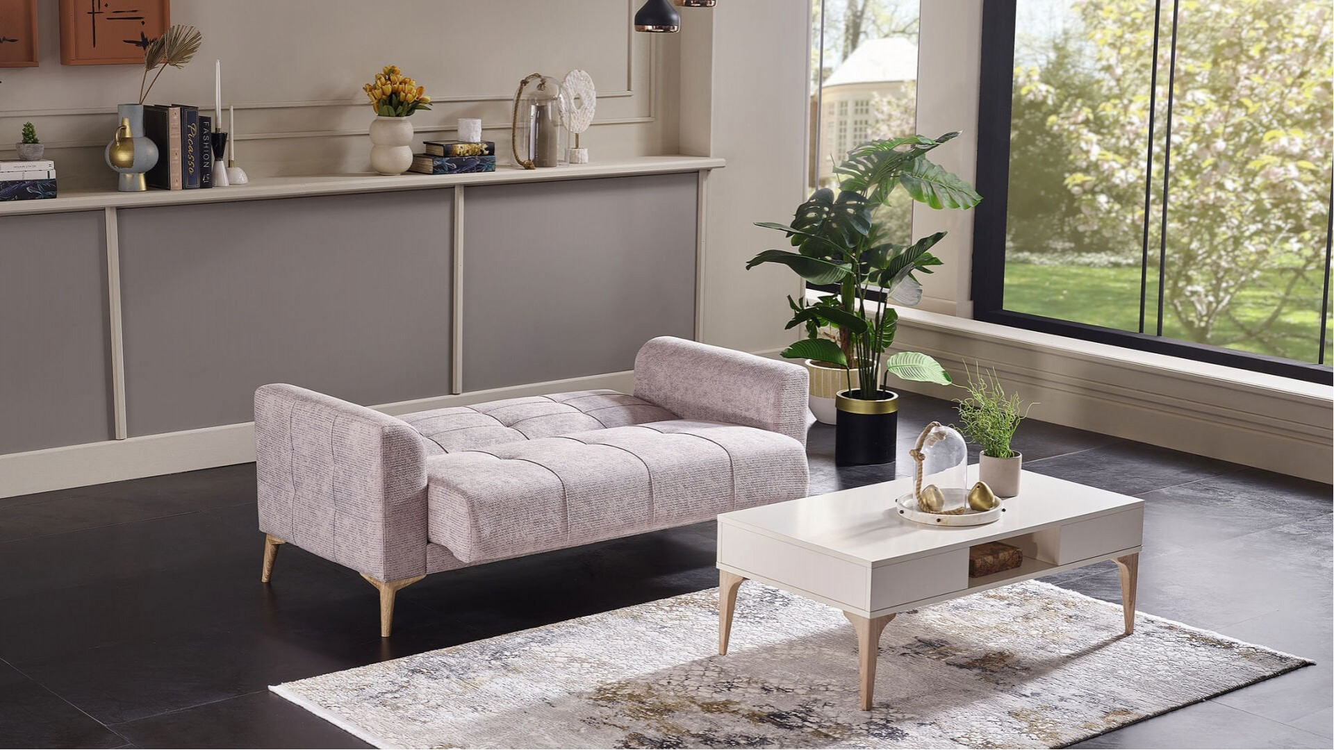 Luis 2er-Sofa - Grau - Eiche-Füße