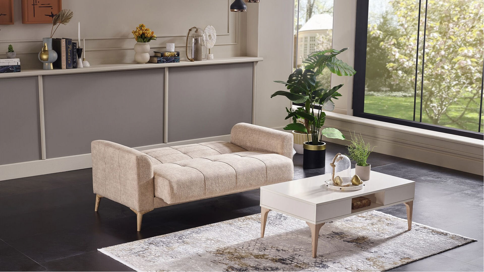 Luis 2er-Sofa - Taupe - Eiche-Füße