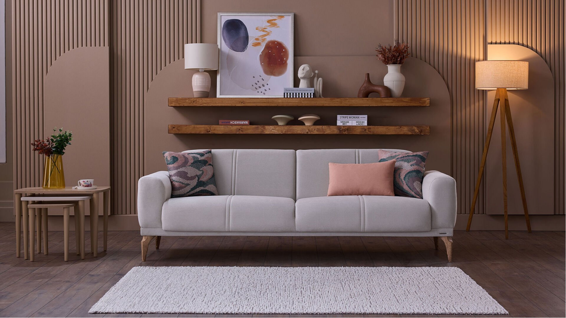 Majer S 3er-Sofa - Taupe - Eiche-Füße