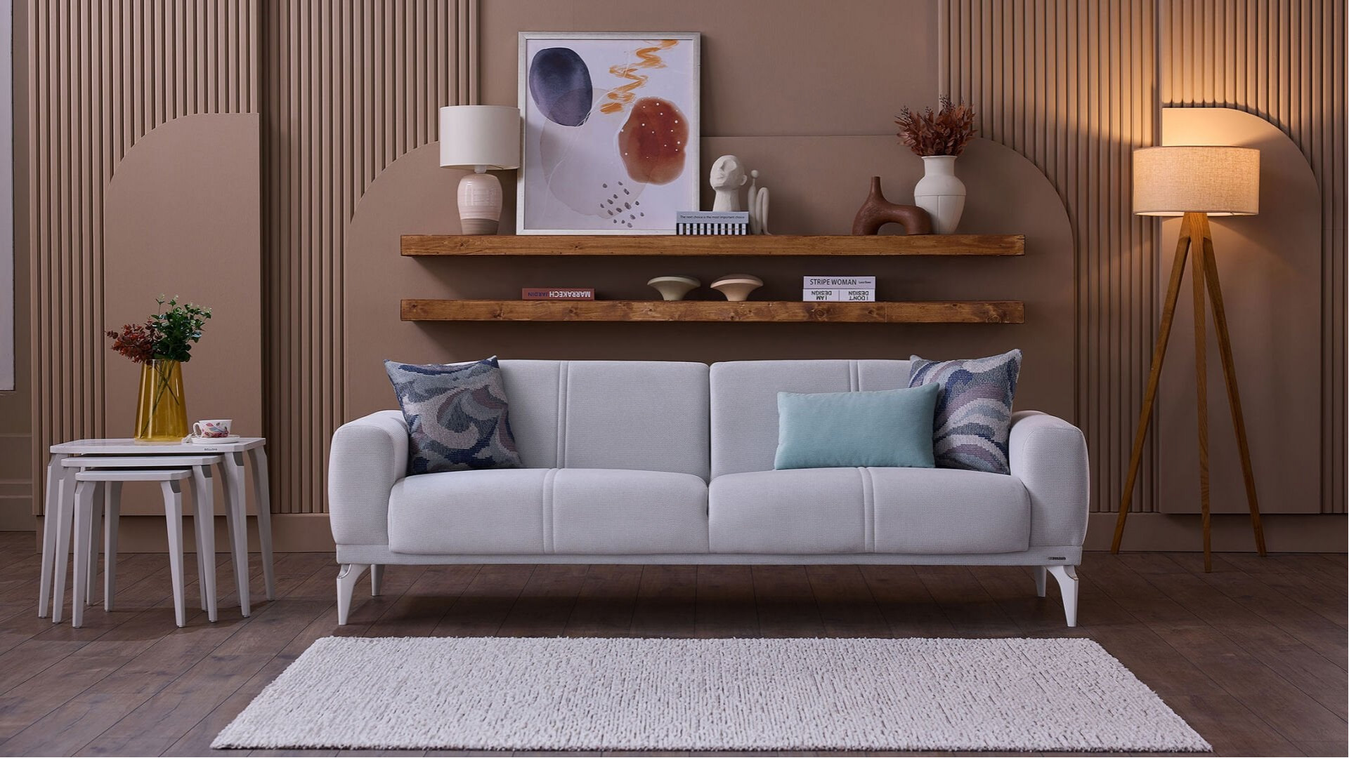 Majer S 3er-Sofa - Grau - Weiß-Füße