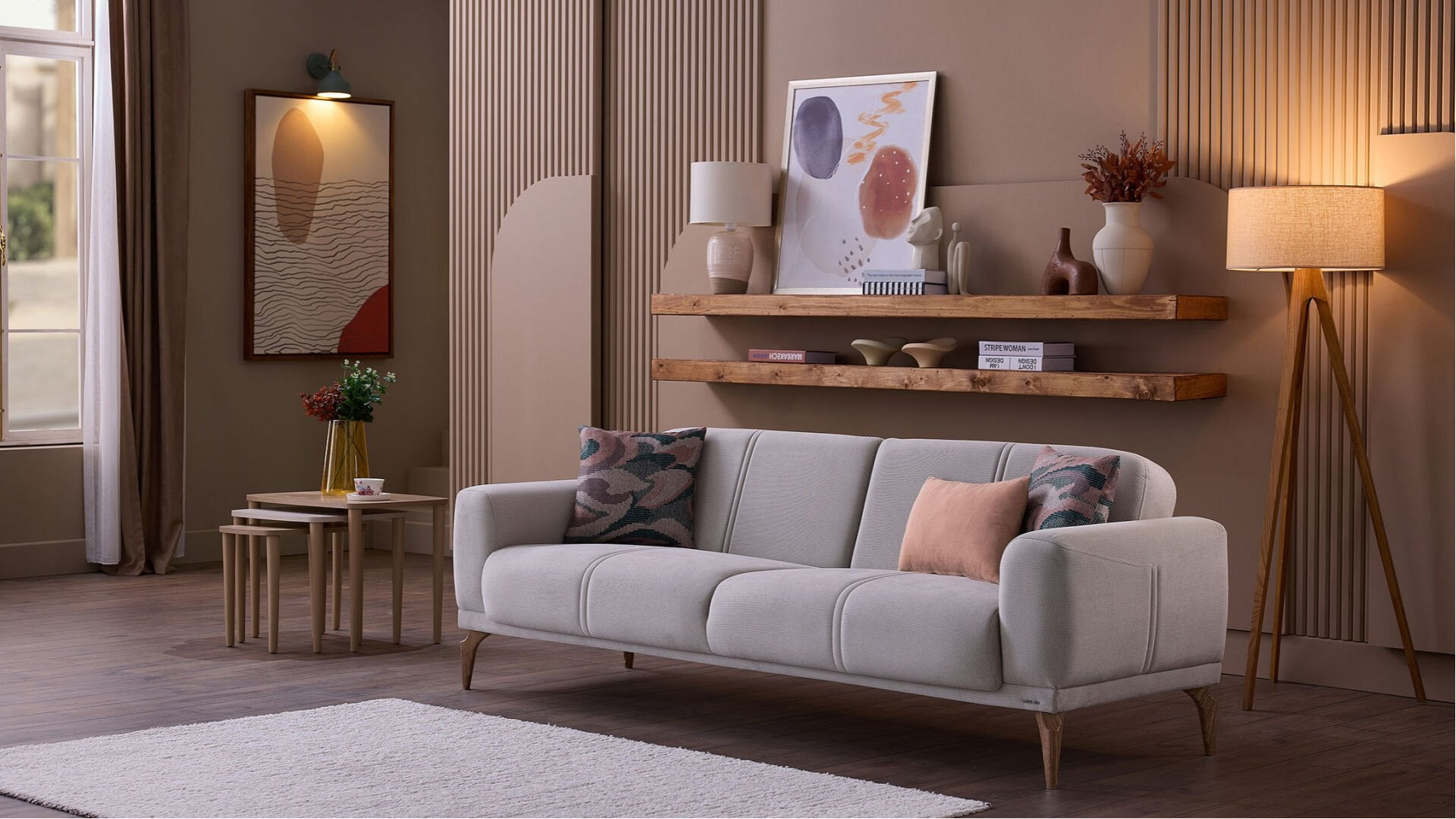 Majer S 3er-Sofa - Taupe - Eiche-Füße