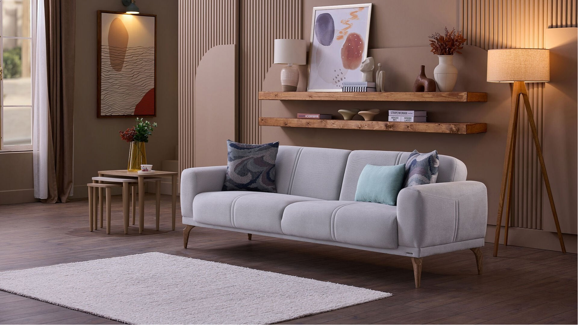 Majer S 3er-Sofa - Grau - Eiche-Füße