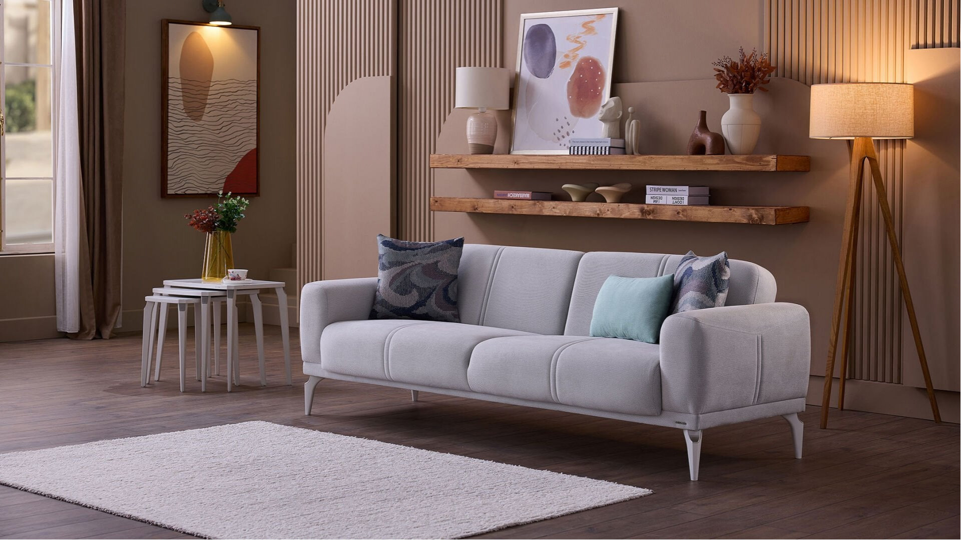 Majer S 3er-Sofa - Grau - Weiß-Füße