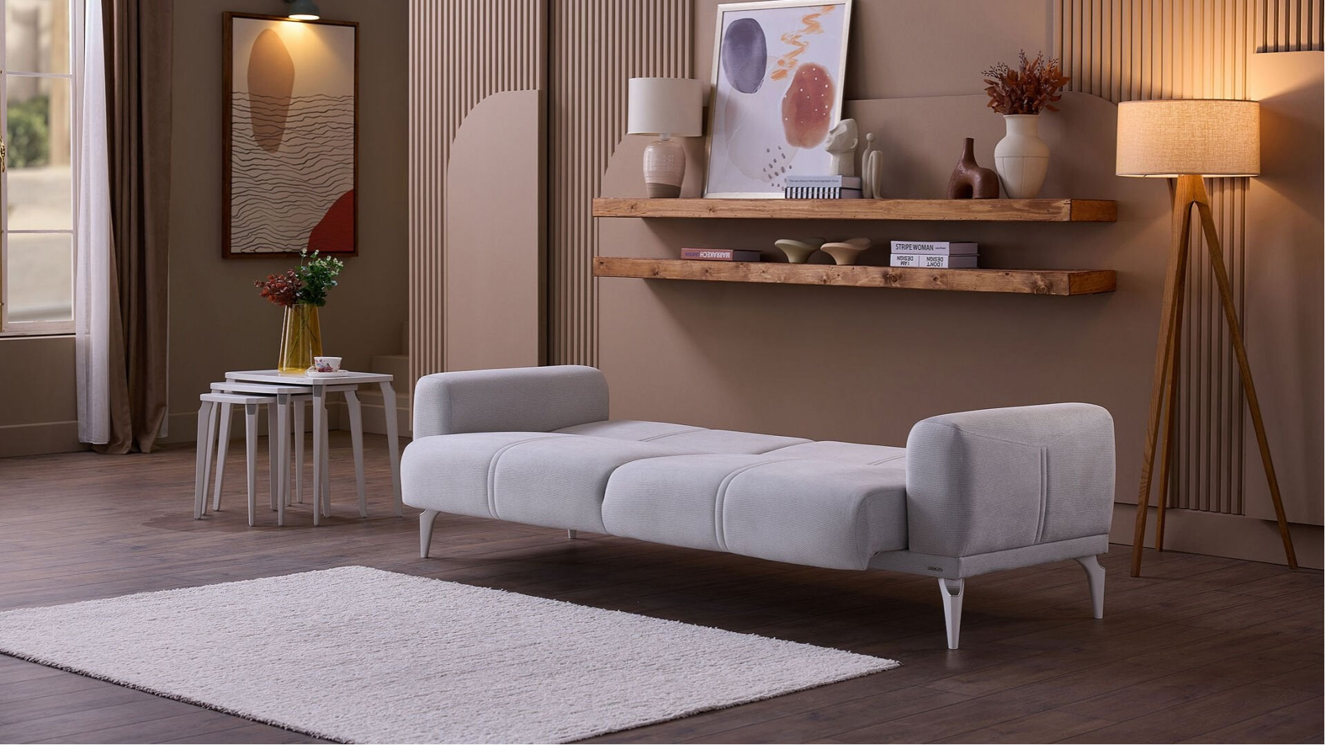 Majer S 3er-Sofa - Grau - Weiß-Füße