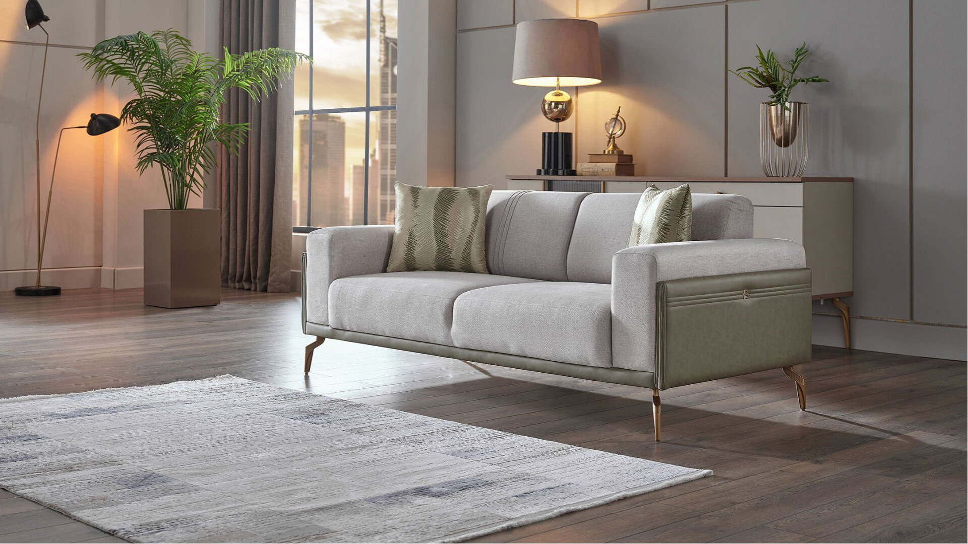 Montella 2er-Sofa - Taupe - Grün - Gelb-Füße