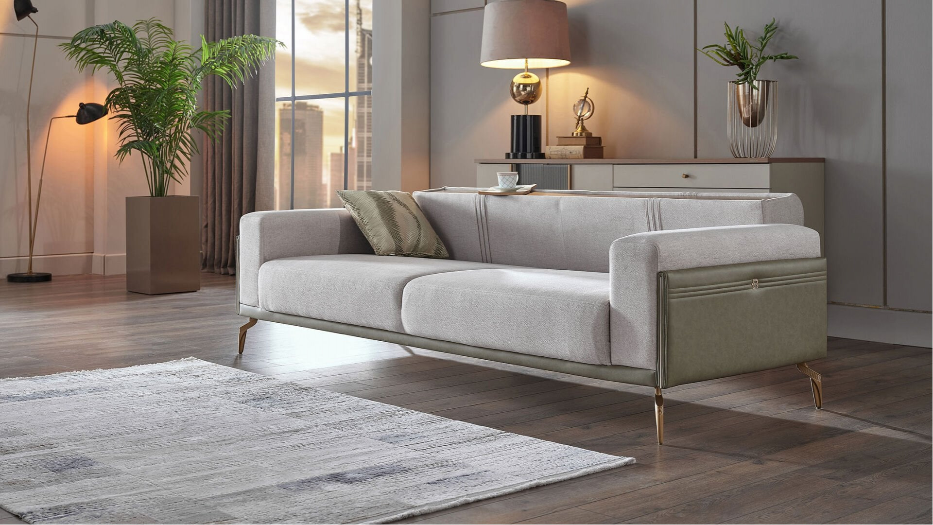 Montella 3er-Sofa - Taupe - Grün - Gelb-Füße
