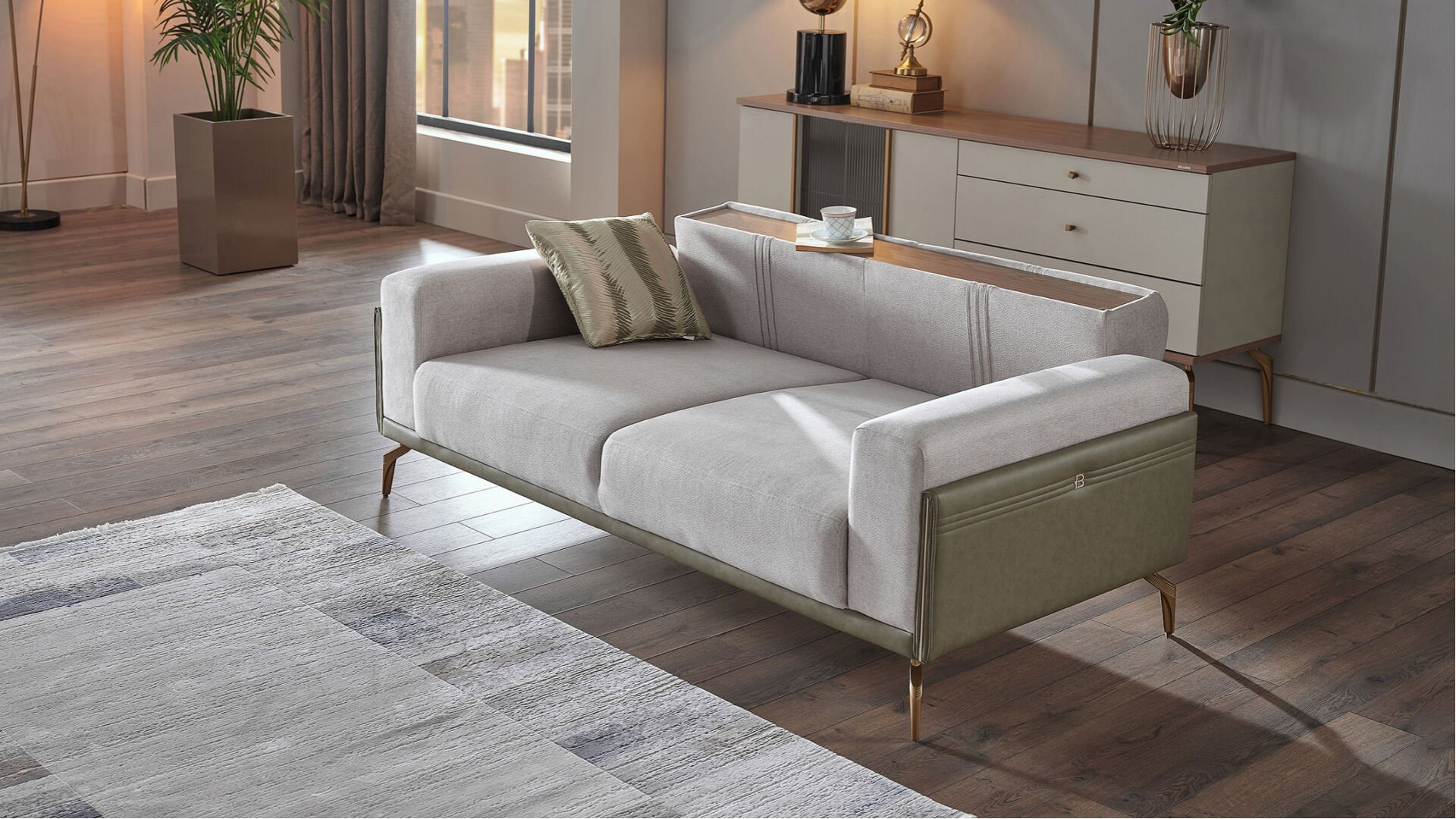 Montella 2er-Sofa - Taupe - Grün - Gelb-Füße