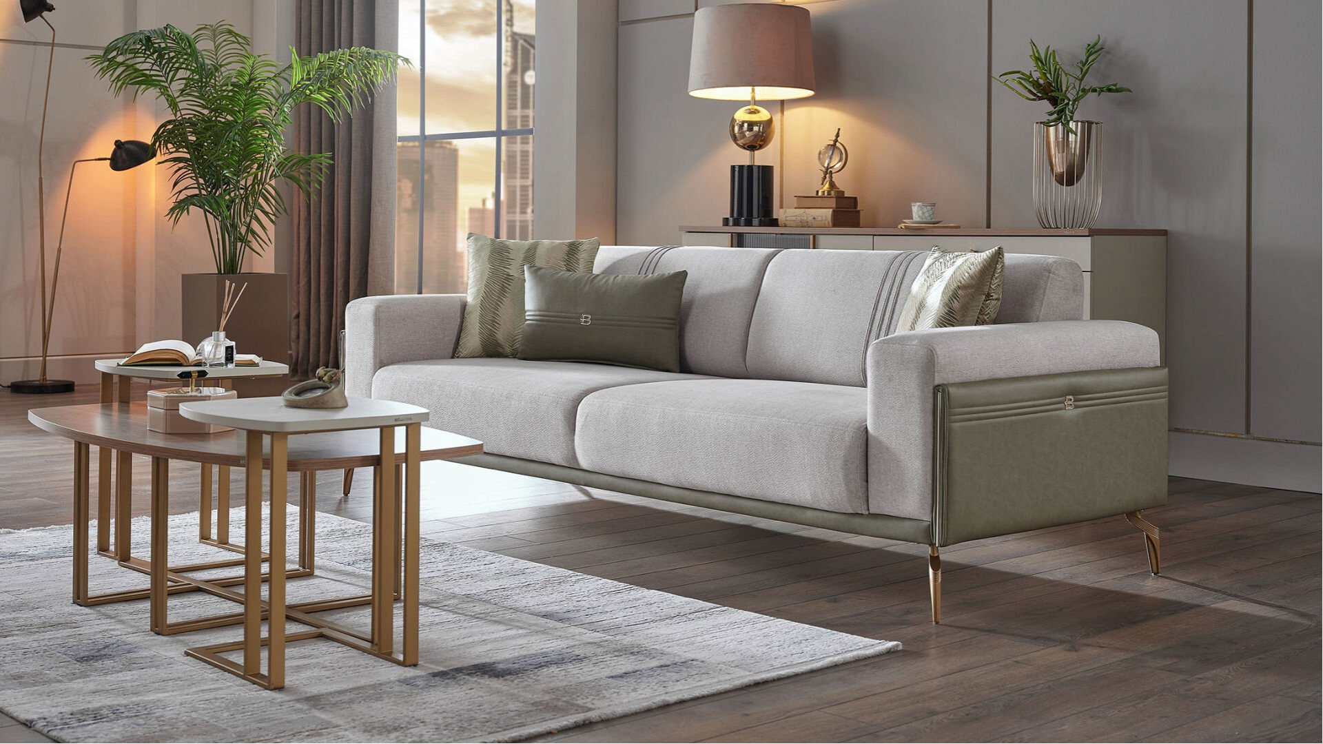 Montella 3er-Sofa - Taupe - Grün - Gelb-Füße