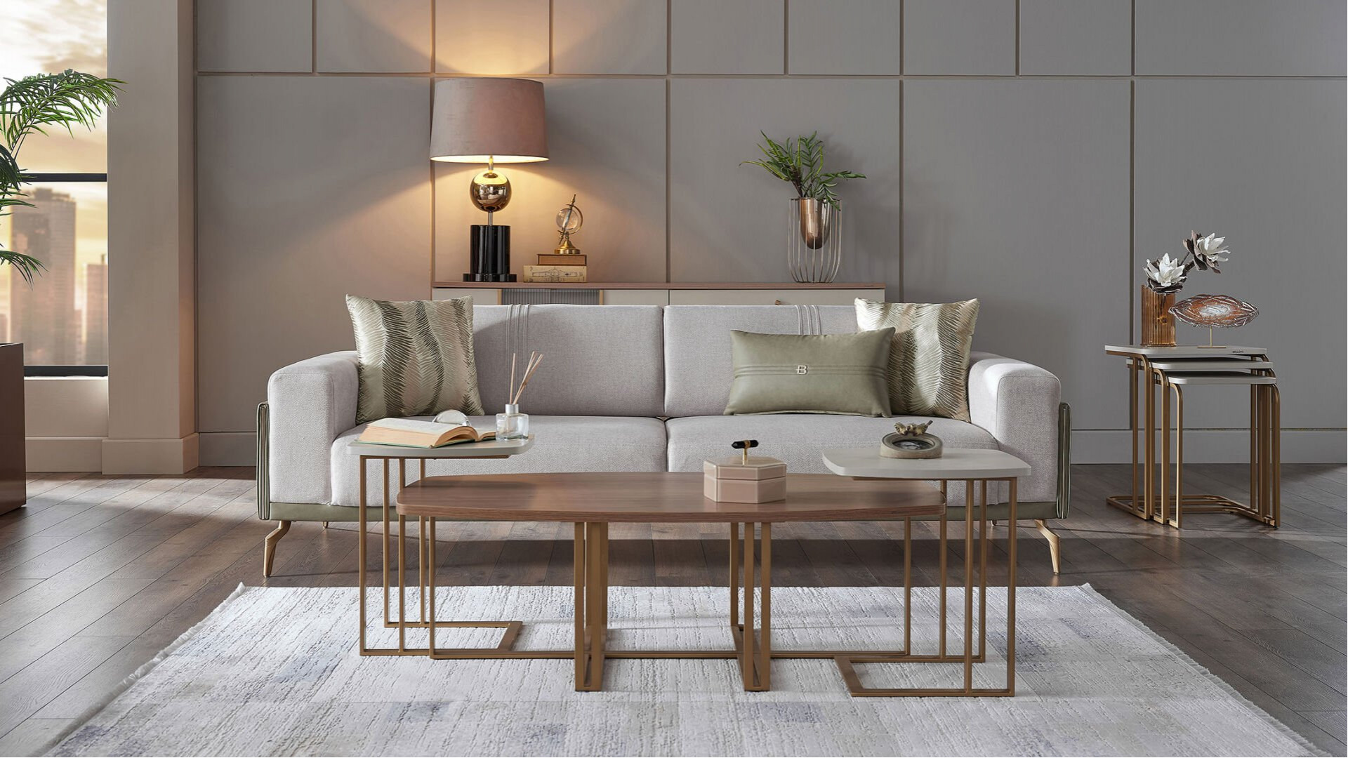 Montella 3er-Sofa - Taupe - Grün - Gelb-Füße