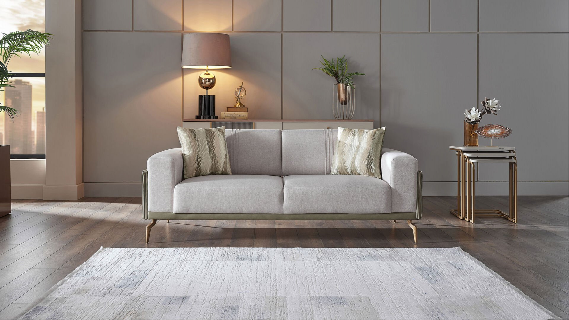 Montella 2er-Sofa - Taupe - Grün - Gelb-Füße