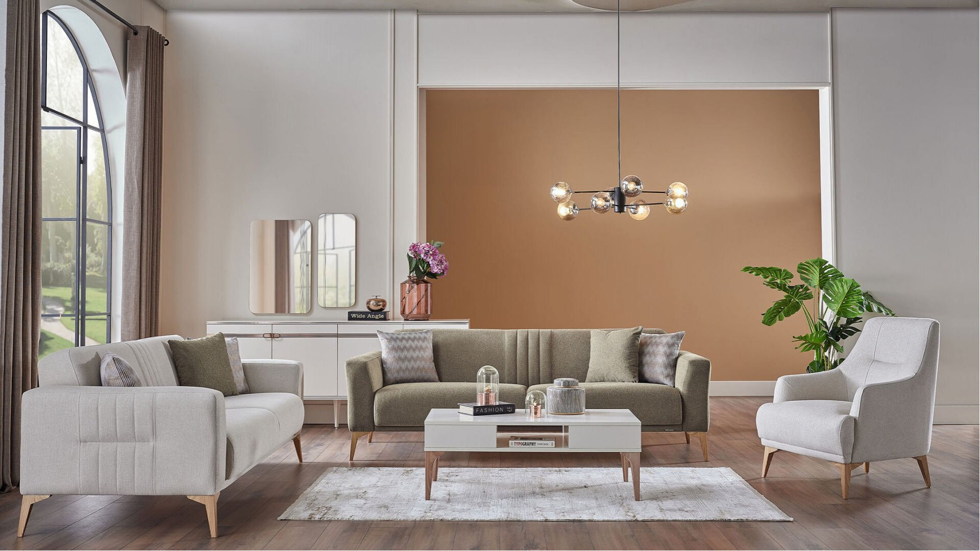 Nadia 3er-Sofa - Creme - Eiche-Füße