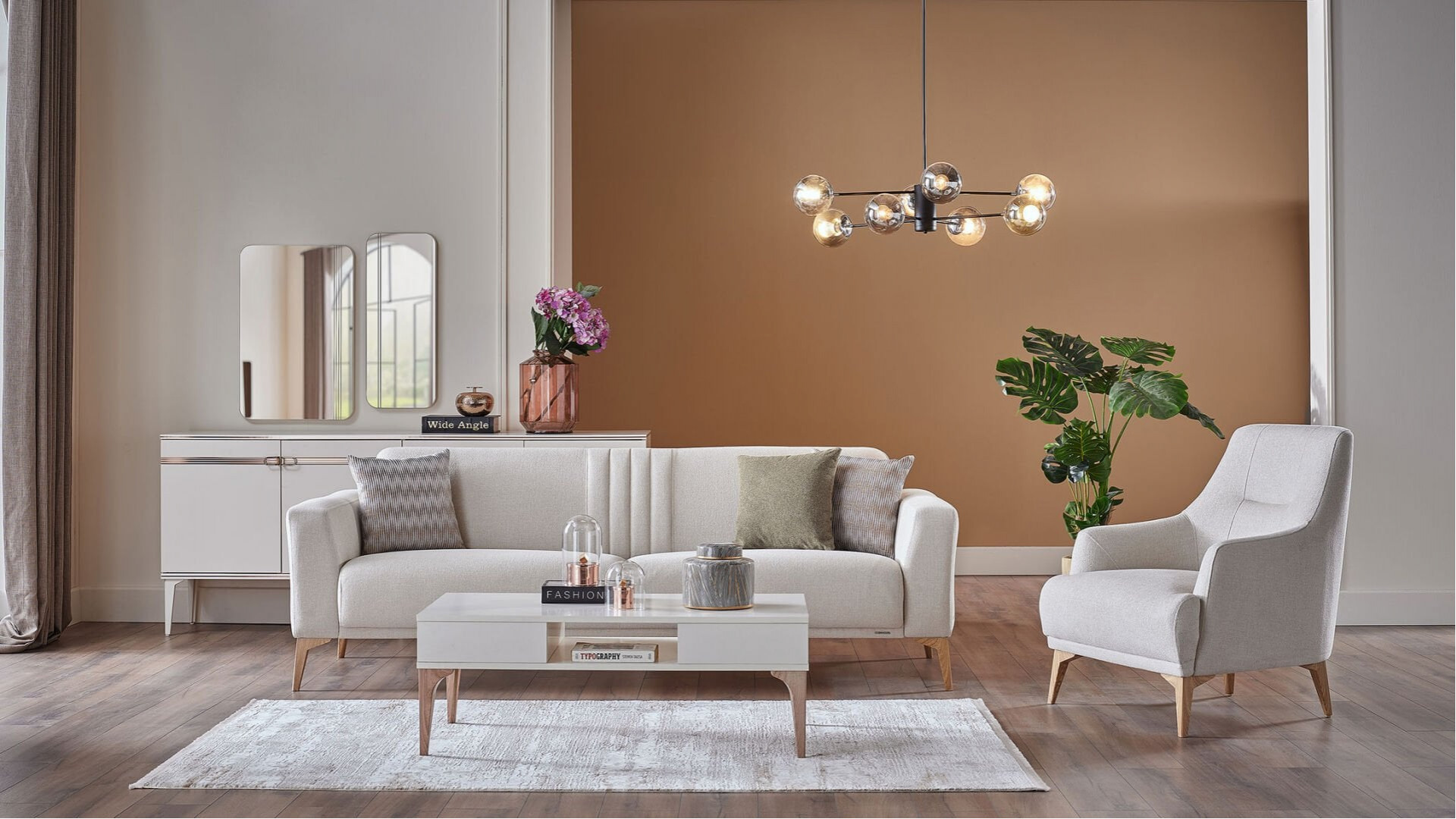Nadia 3er-Sofa - Creme - Eiche-Füße
