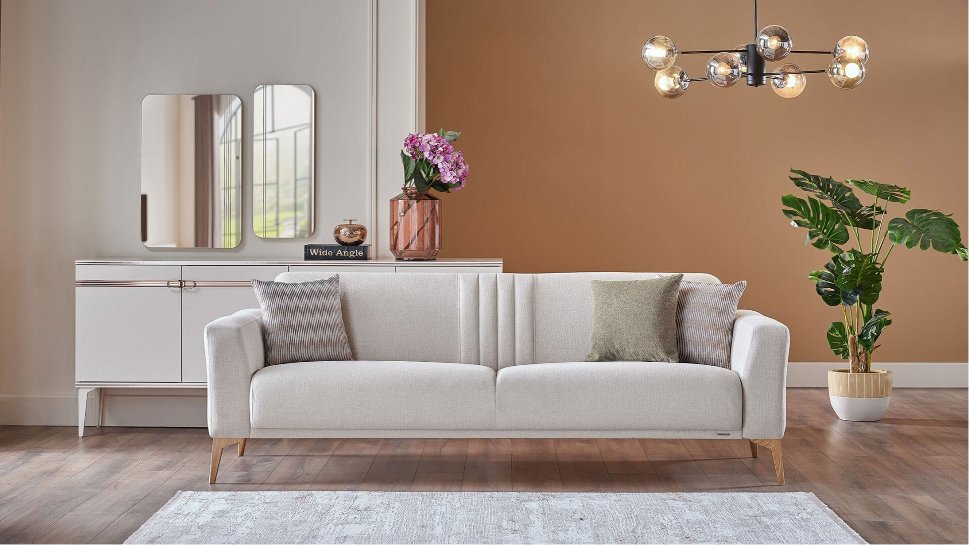 Nadia 3er-Sofa - Creme - Eiche-Füße