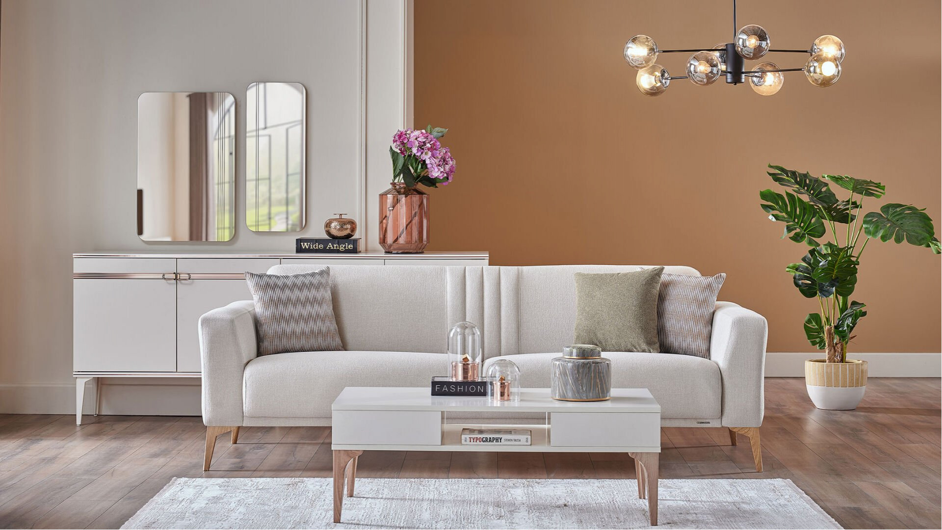 Nadia 3er-Sofa - Creme - Eiche-Füße