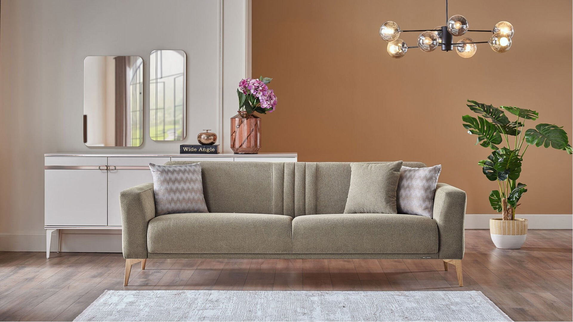 Nadia 3er-Sofa - Grün - Eiche-Füße