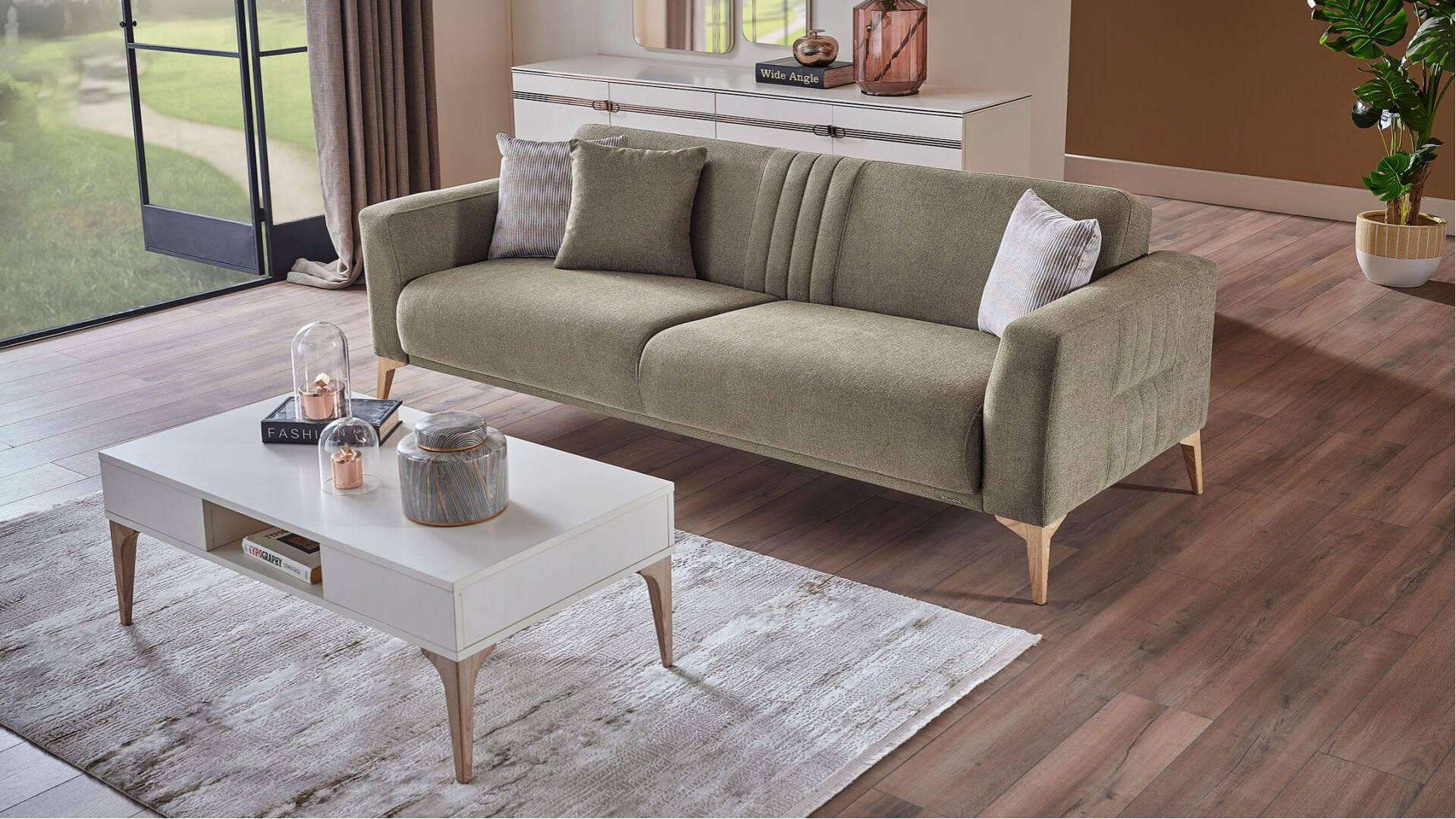 Nadia 3er-Sofa - Grün - Eiche-Füße